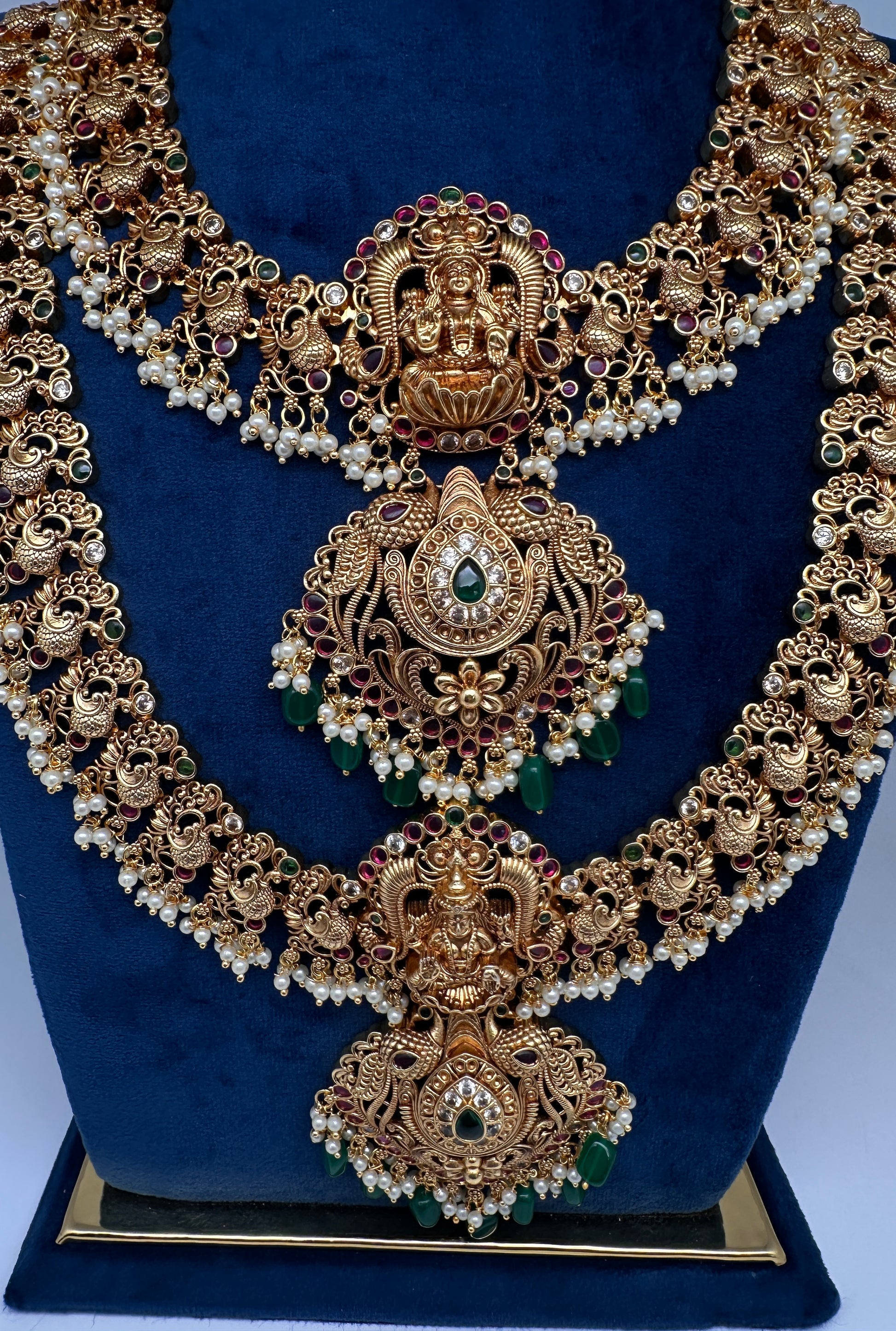 Traditional Matte Goddess Lakshmi Peacock Combo Necklace Set - 