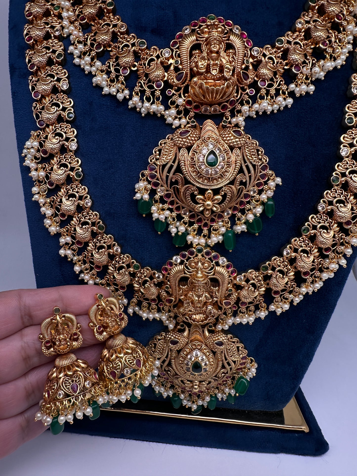 Traditional Matte Goddess Lakshmi Peacock Combo Necklace Set - 