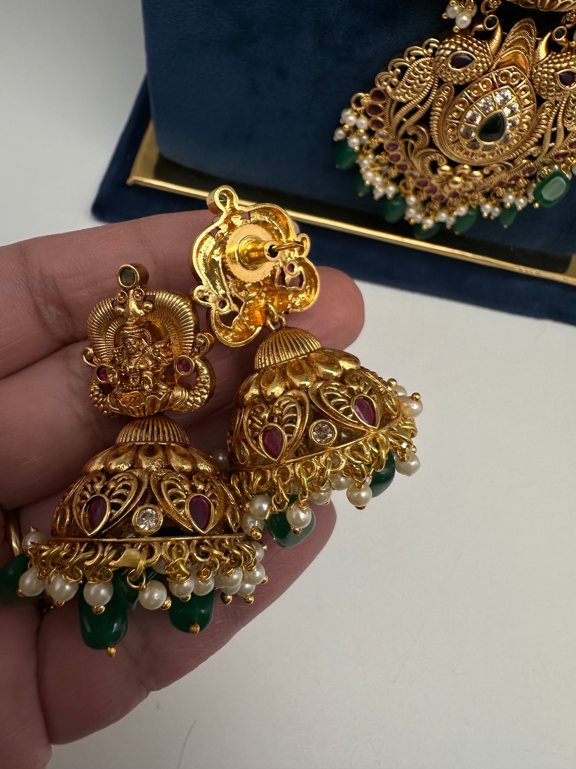 Traditional Matte Goddess Lakshmi Peacock Combo Necklace Set - 
