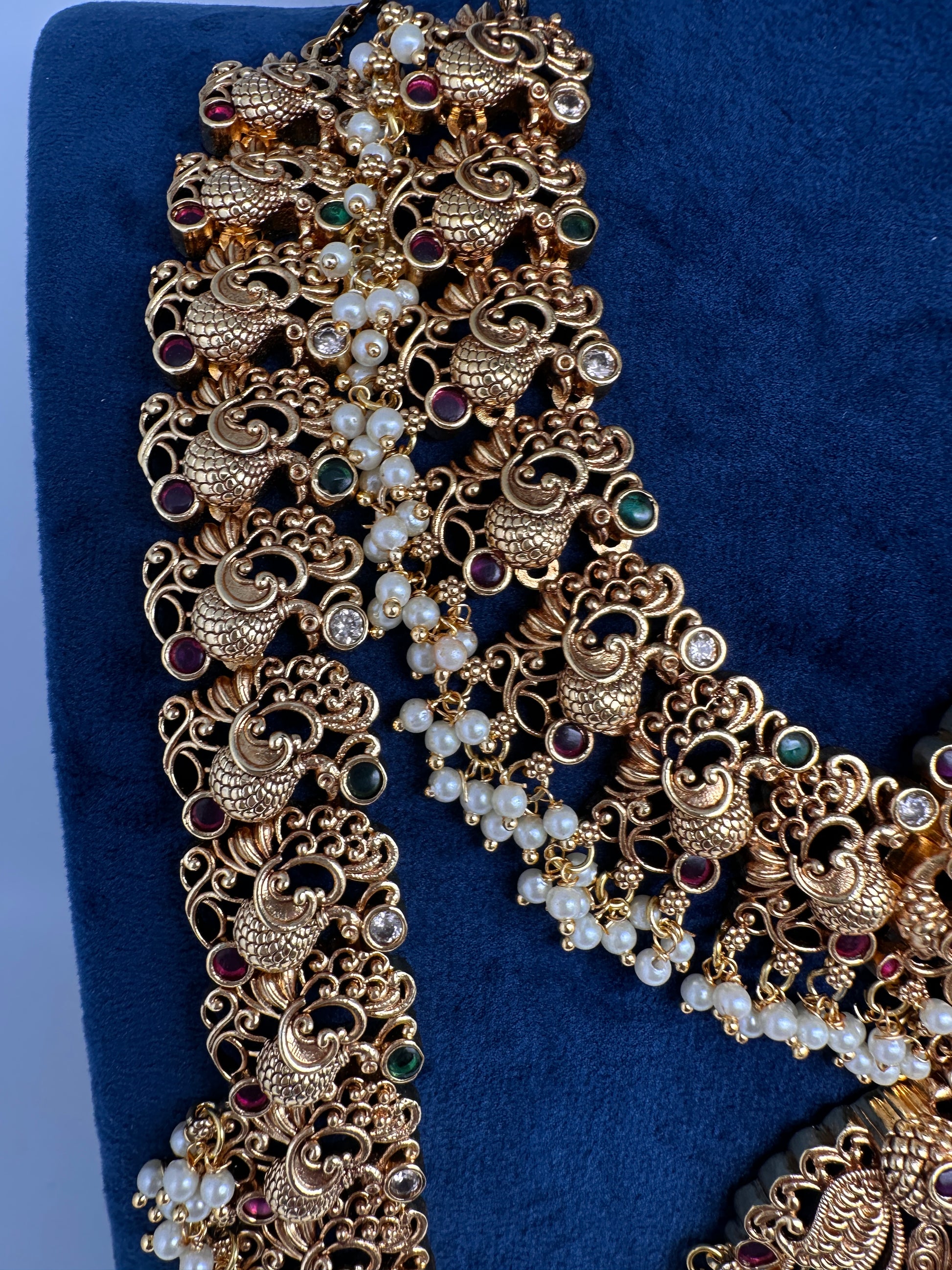 Traditional Matte Goddess Lakshmi Peacock Combo Necklace Set - 