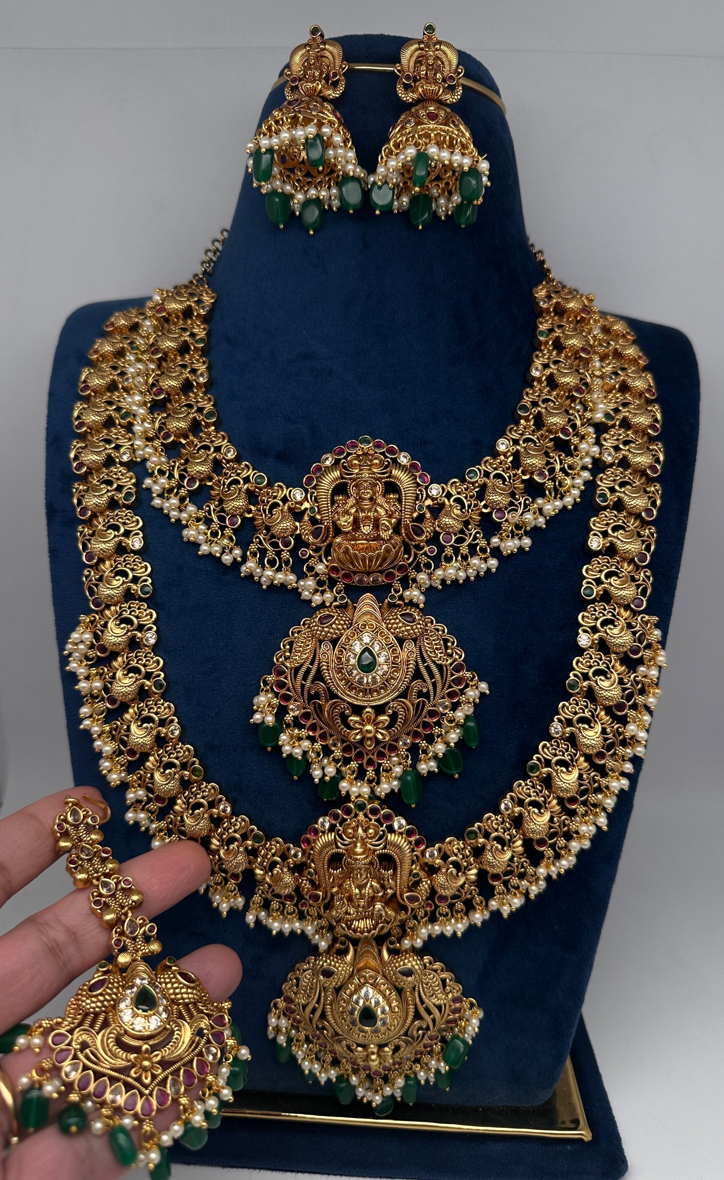 Traditional Matte Goddess Lakshmi Peacock Combo Necklace Set - 