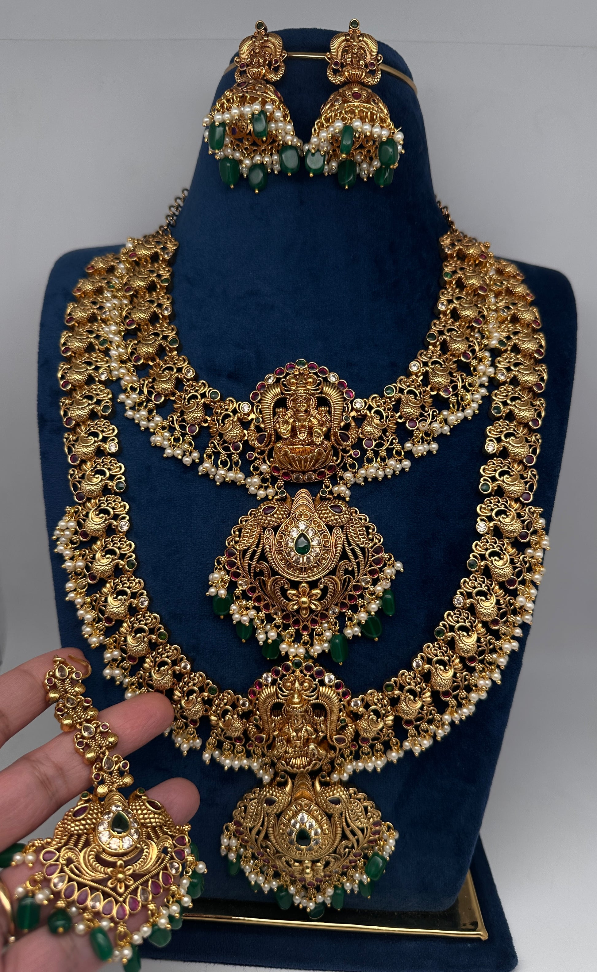 Traditional Matte Goddess Lakshmi Peacock Combo Necklace Set - 
