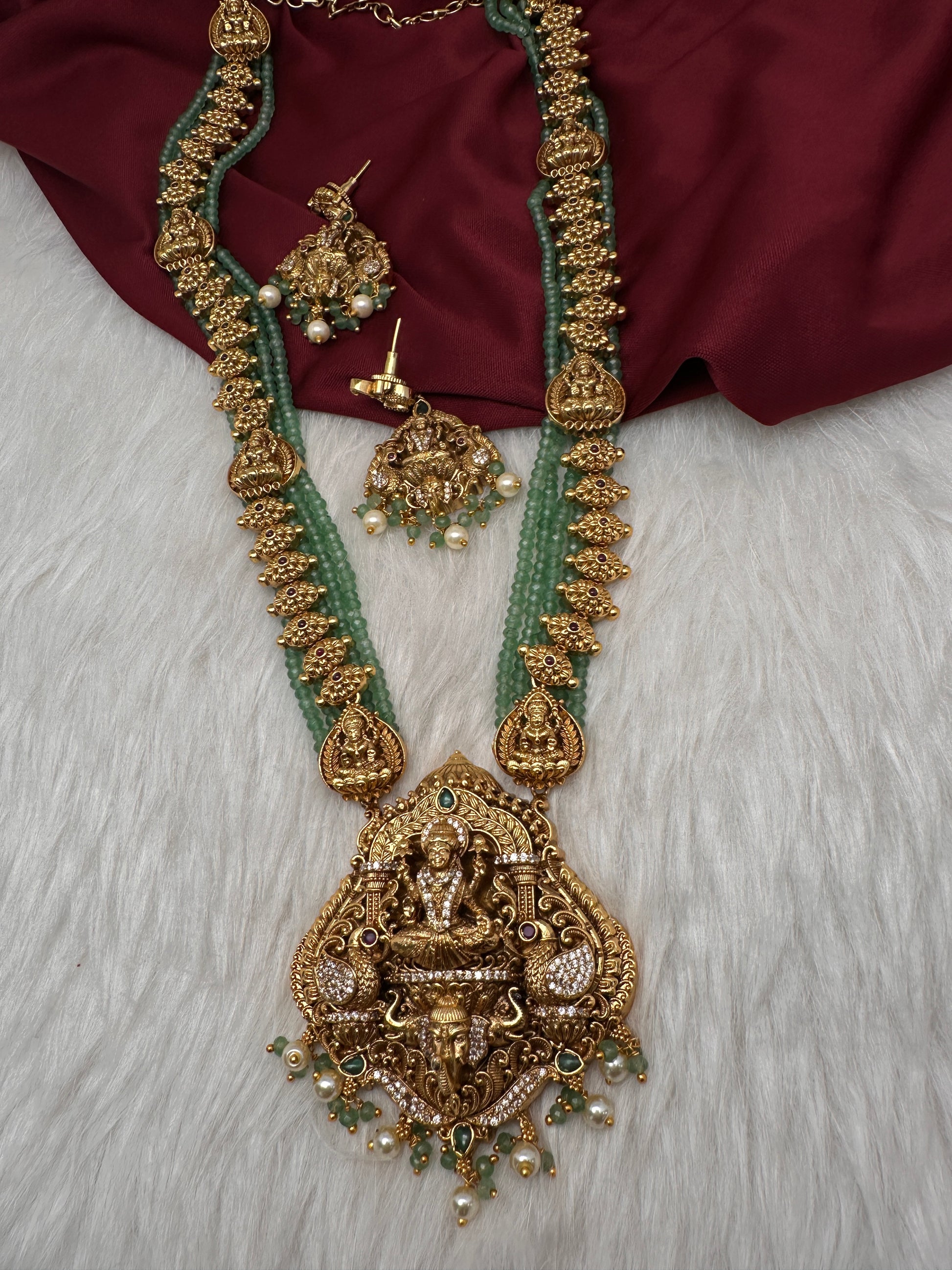 Nakshi Matte Goddess Lakshmi Emerald Long Necklace - 