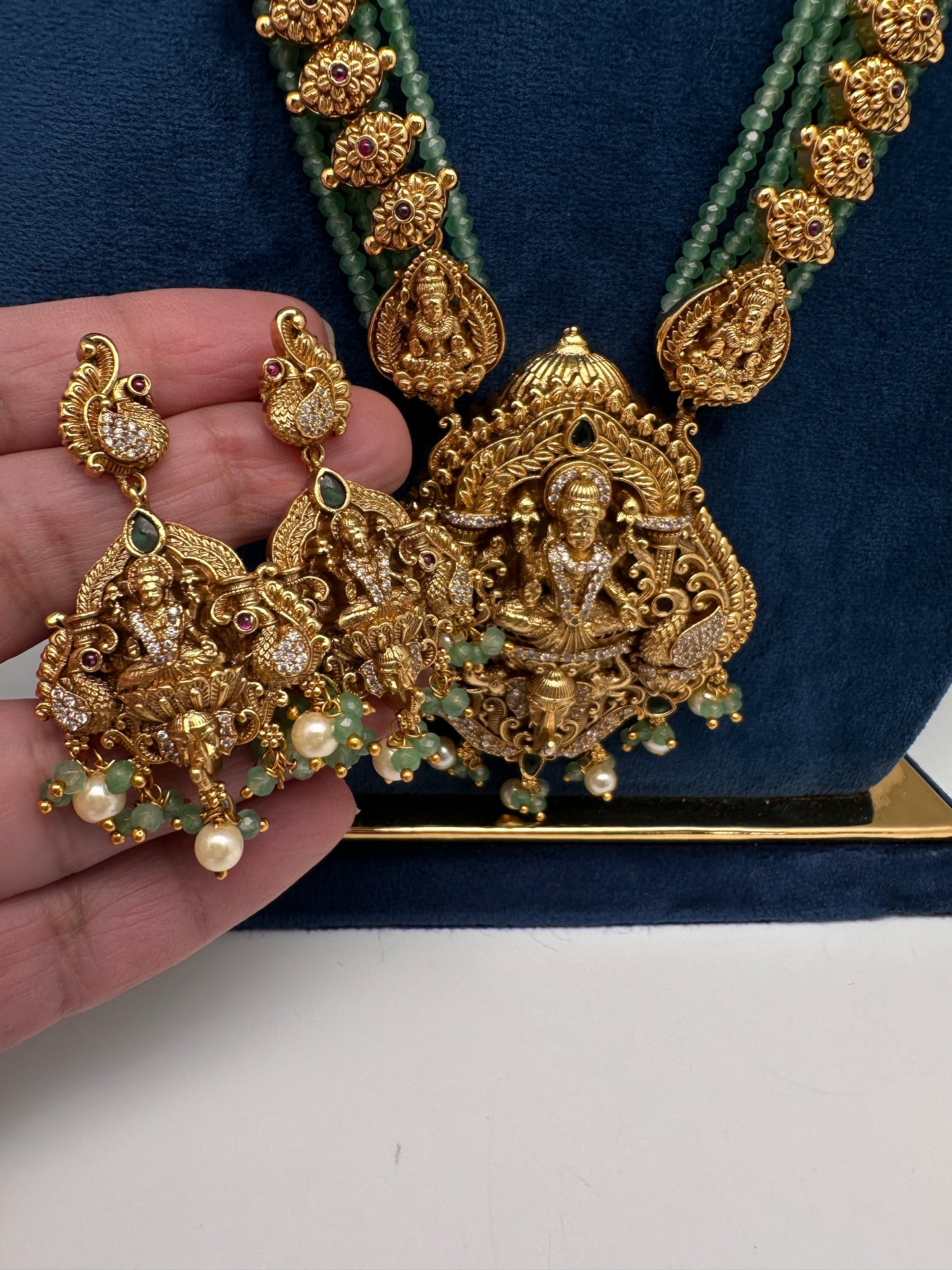 Nakshi Matte Goddess Lakshmi Emerald Long Necklace - 