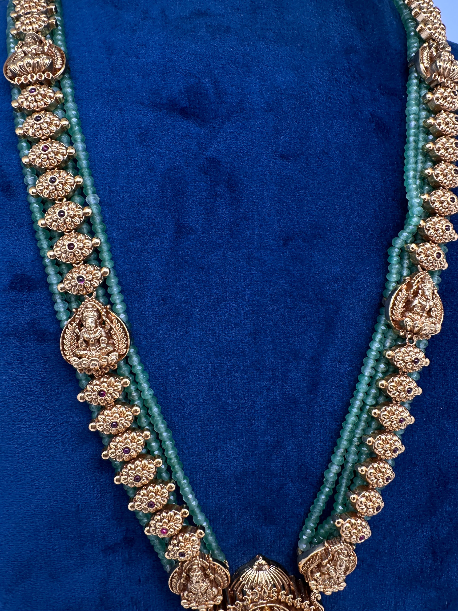 Nakshi Matte Goddess Lakshmi Emerald Long Necklace - 