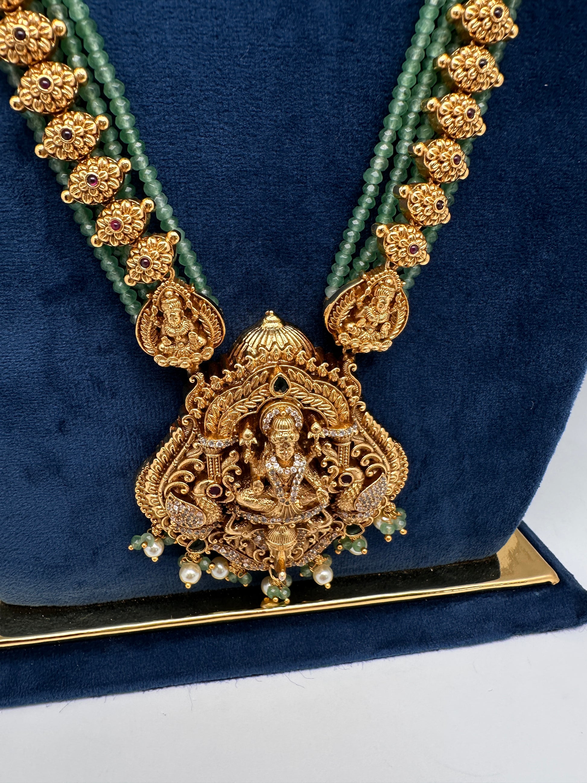 Nakshi Matte Goddess Lakshmi Emerald Long Necklace - 