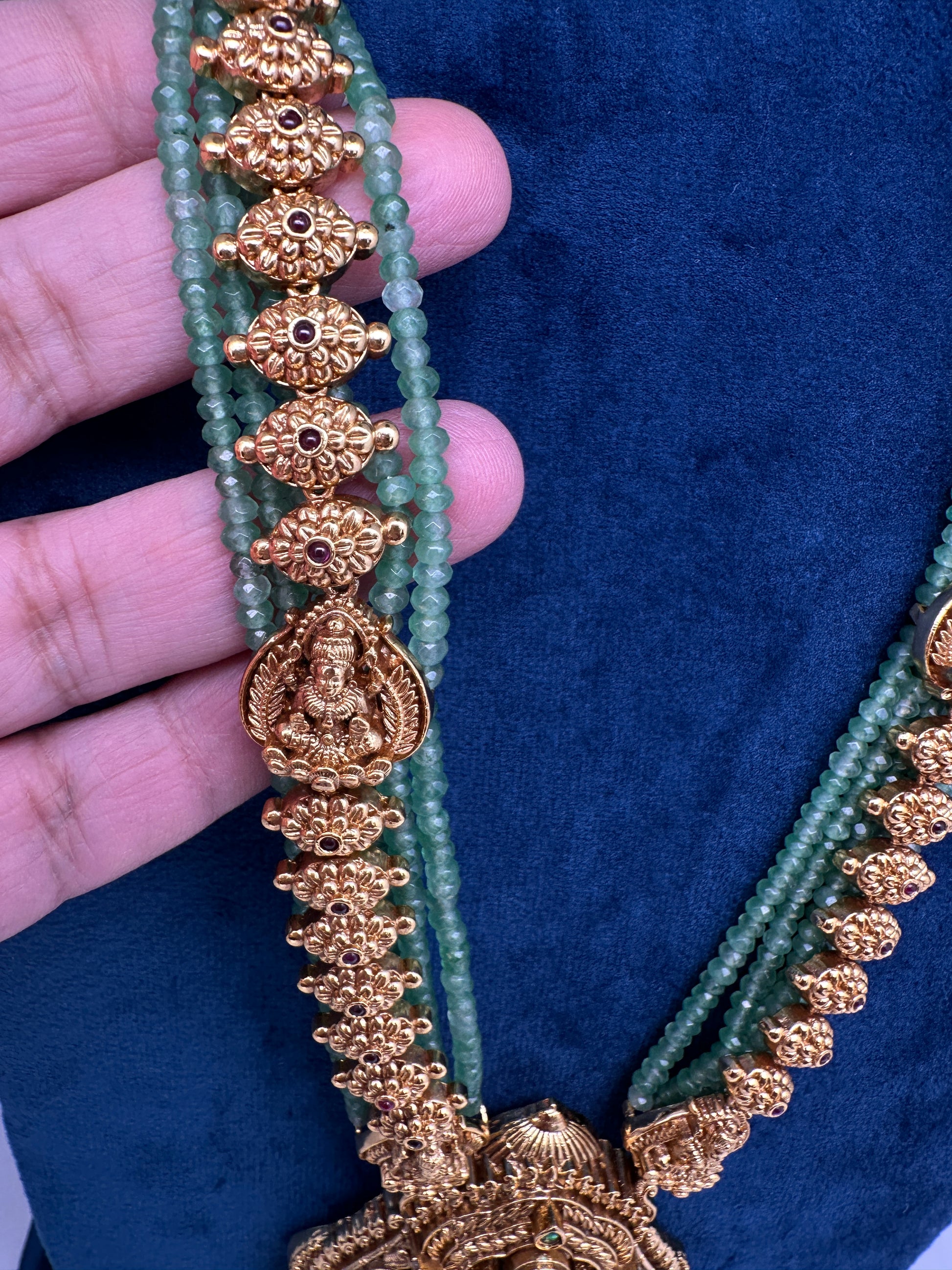 Nakshi Matte Goddess Lakshmi Emerald Long Necklace - 