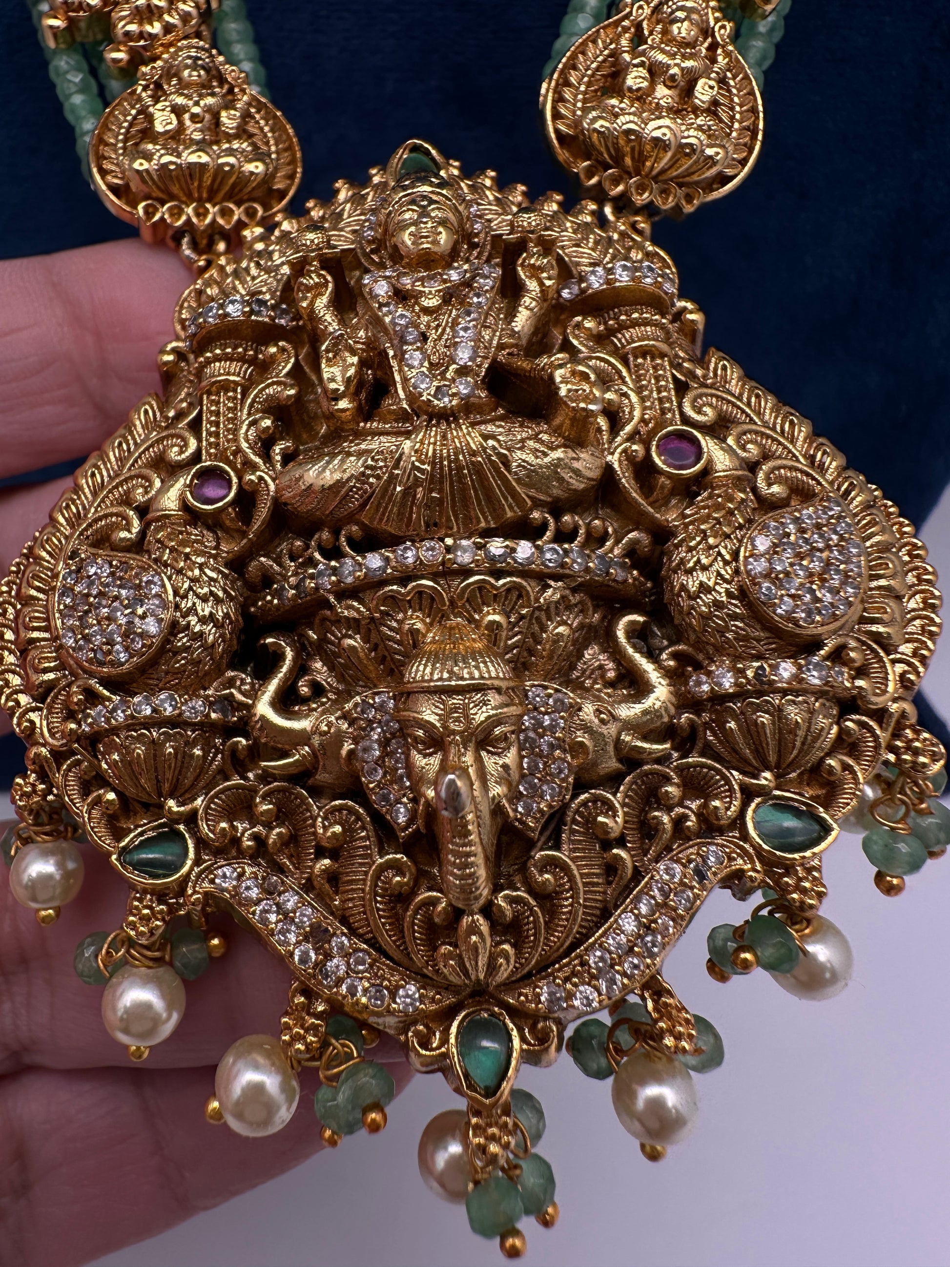 Nakshi Matte Goddess Lakshmi Emerald Long Necklace - 