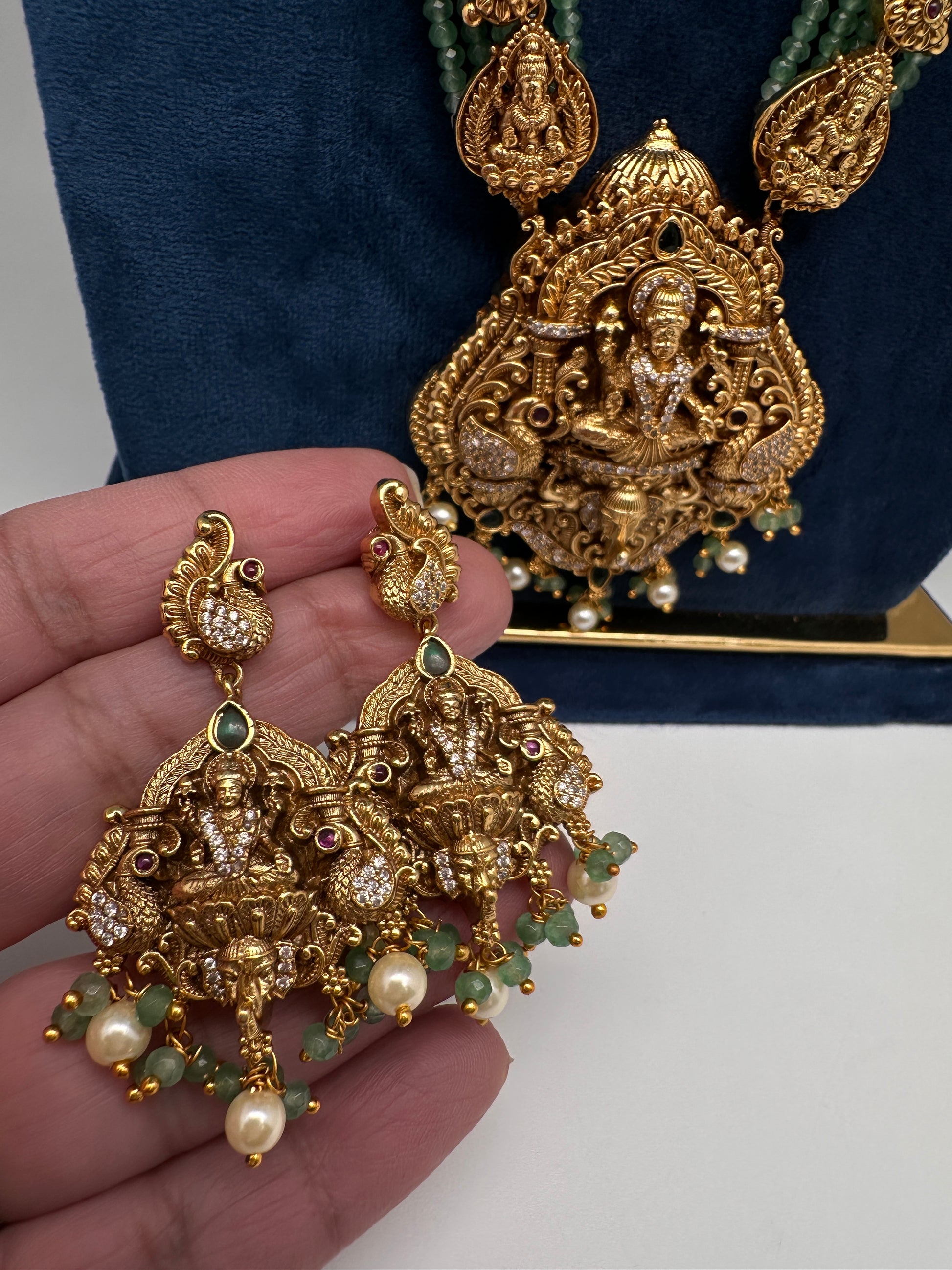 Nakshi Matte Goddess Lakshmi Emerald Long Necklace - 