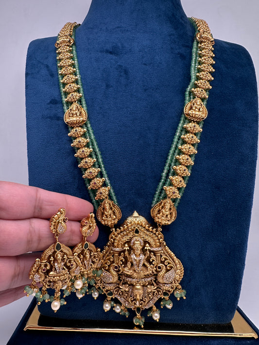 Nakshi Matte Goddess Lakshmi Emerald Long Necklace - 