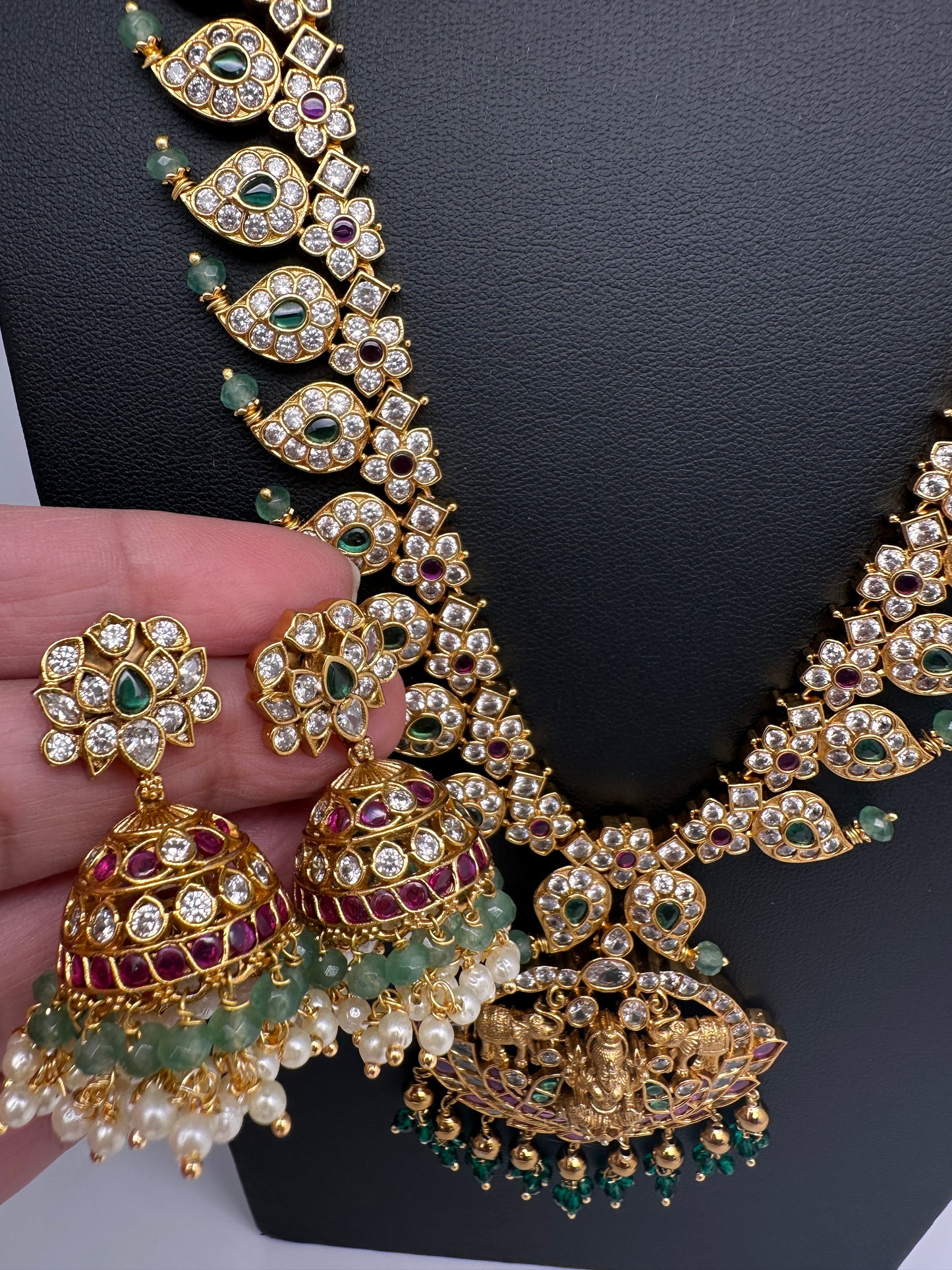 CZ 4-1 Mango Mala Long Necklace Comes with 3 Pendents and Jhumkas - 