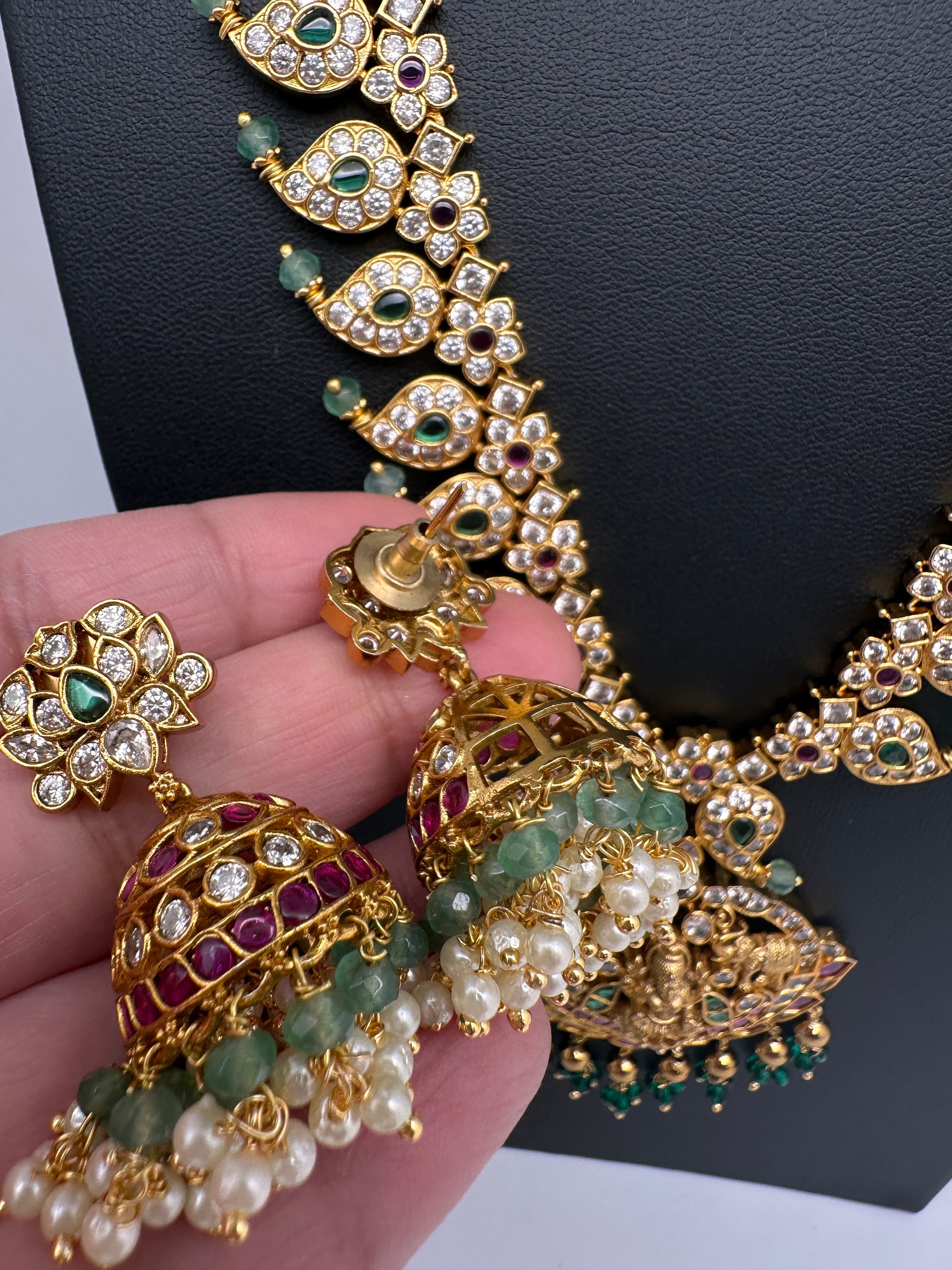 CZ 4-1 Mango Mala Long Necklace Comes with 3 Pendents and Jhumkas - 