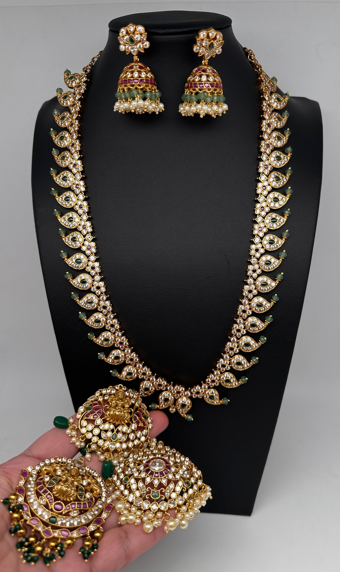 CZ 4-1 Mango Mala Long Necklace Comes with 3 Pendents and Jhumkas - 
