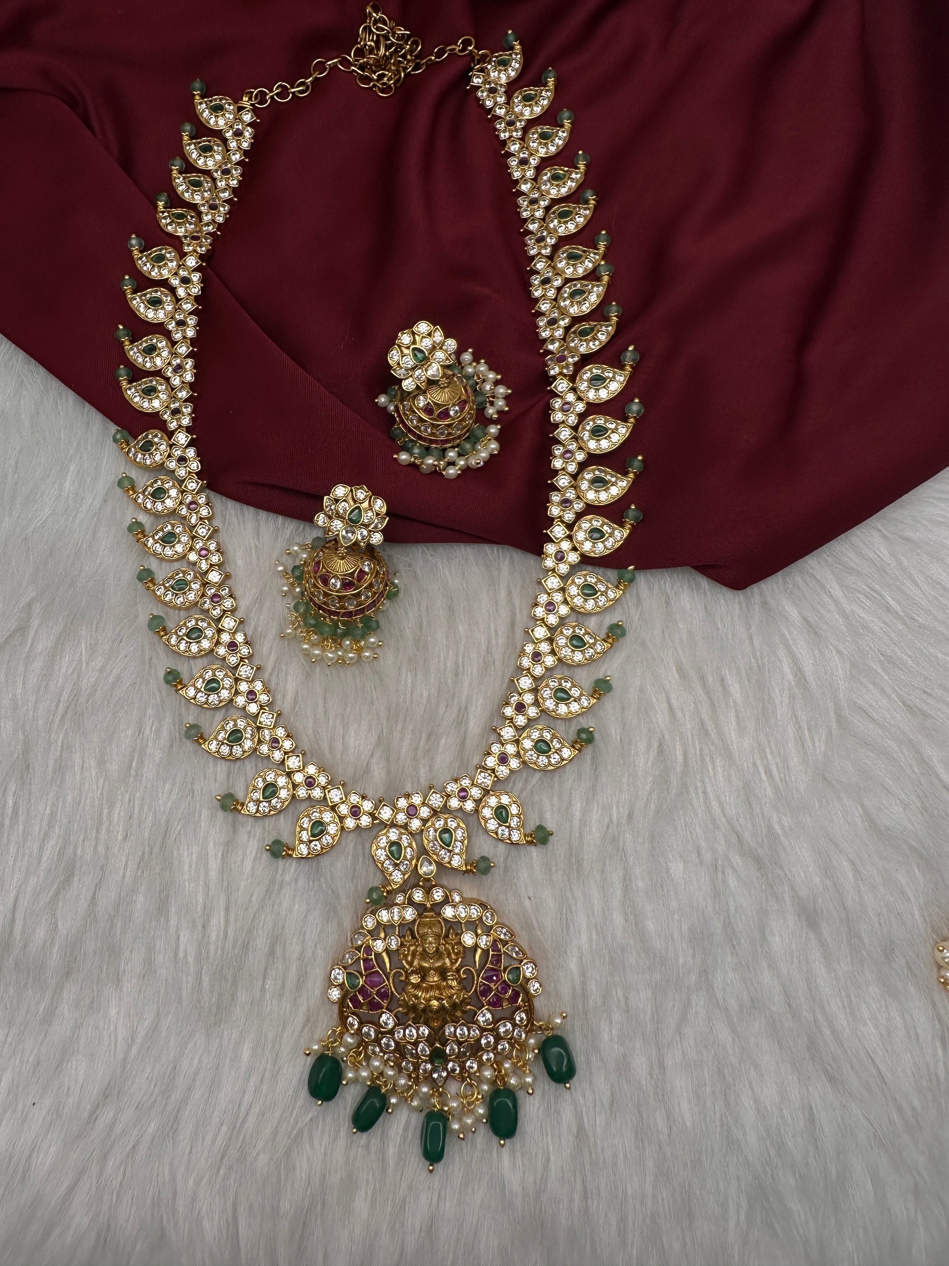 CZ 4-1 Mango Mala Long Necklace Comes with 3 Pendents and Jhumkas - 