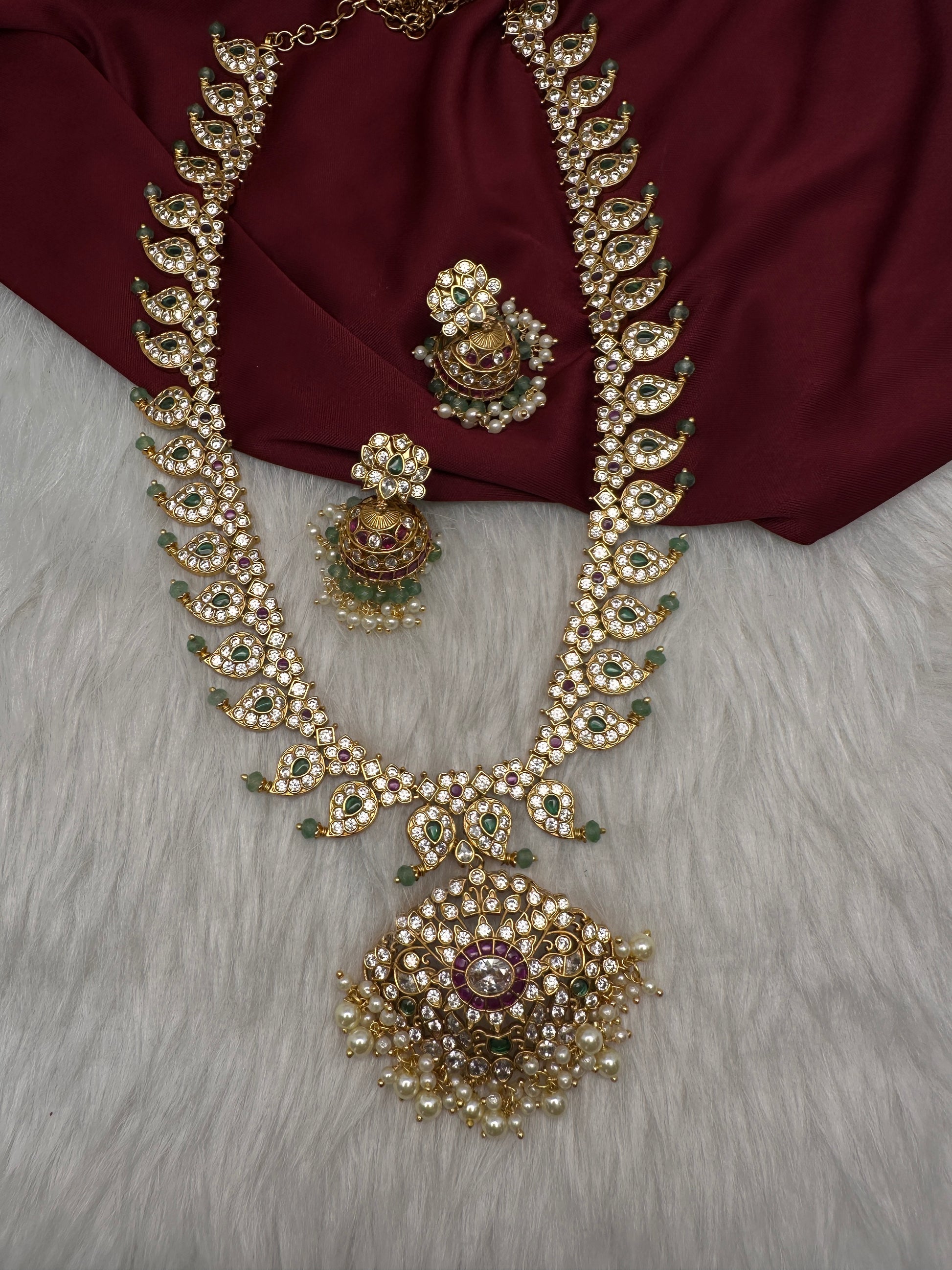 CZ 4-1 Mango Mala Long Necklace Comes with 3 Pendents and Jhumkas - 