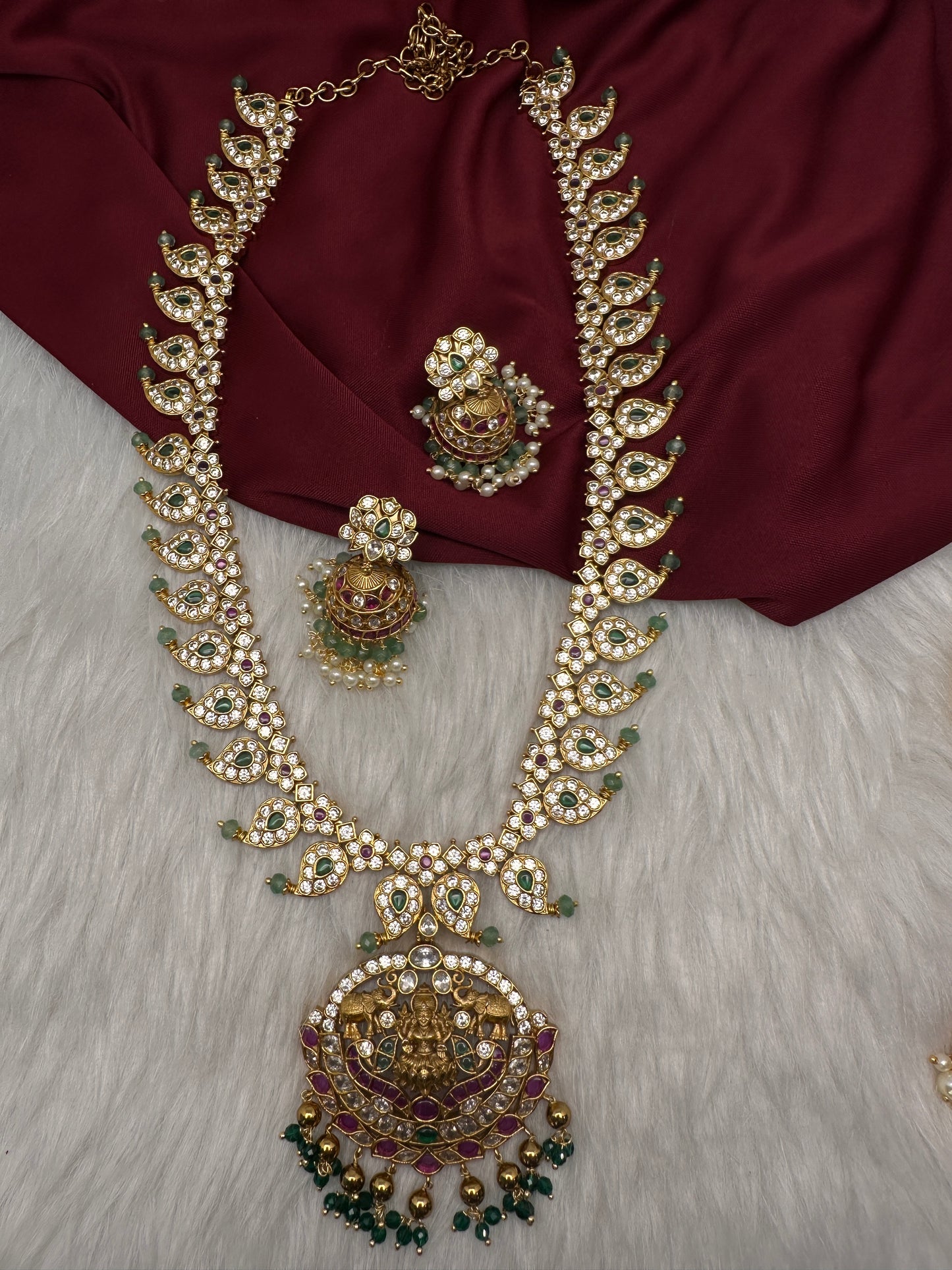 CZ 4-1 Mango Mala Long Necklace Comes with 3 Pendents and Jhumkas - 
