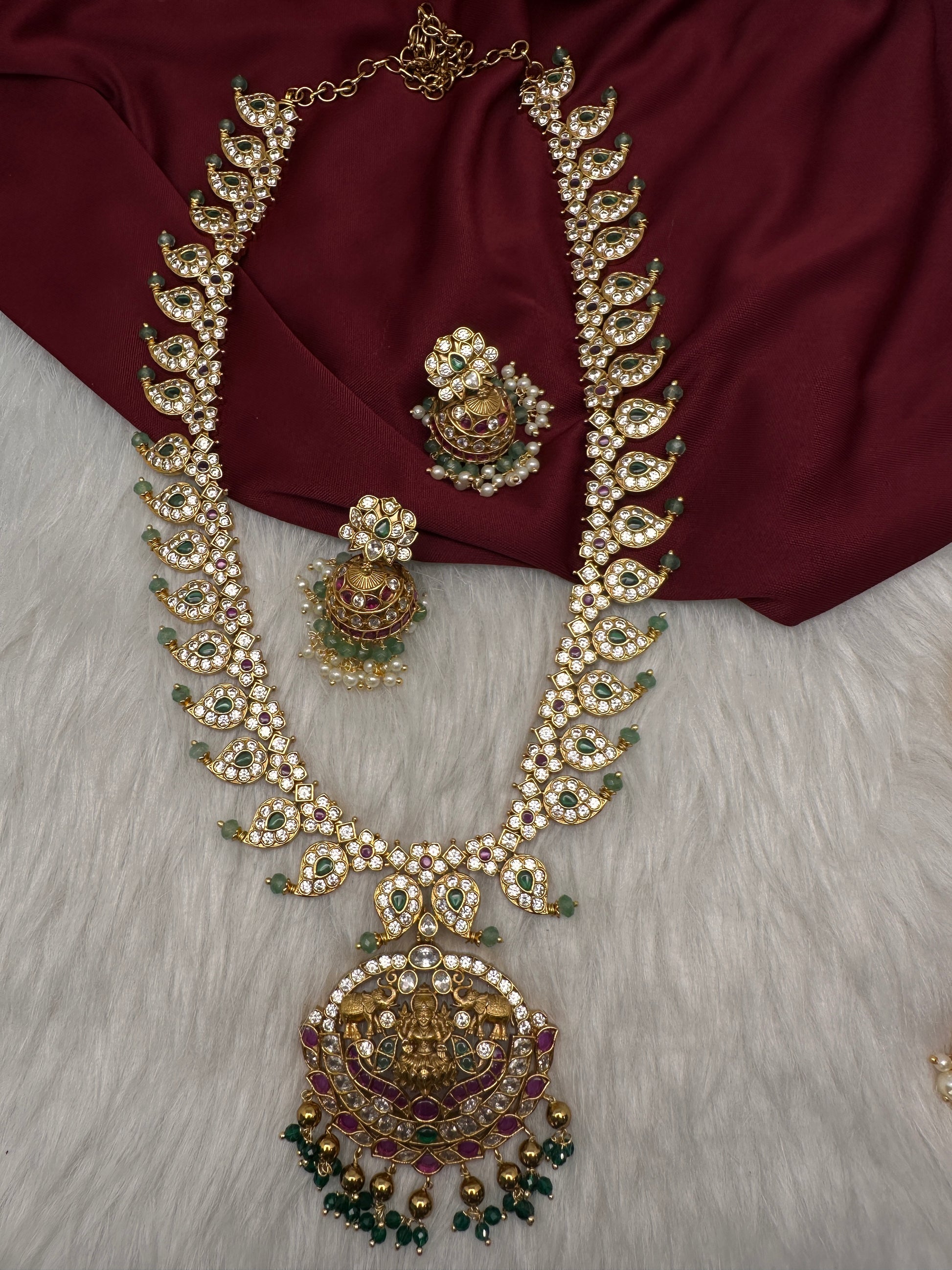 CZ 4-1 Mango Mala Long Necklace Comes with 3 Pendents and Jhumkas - 