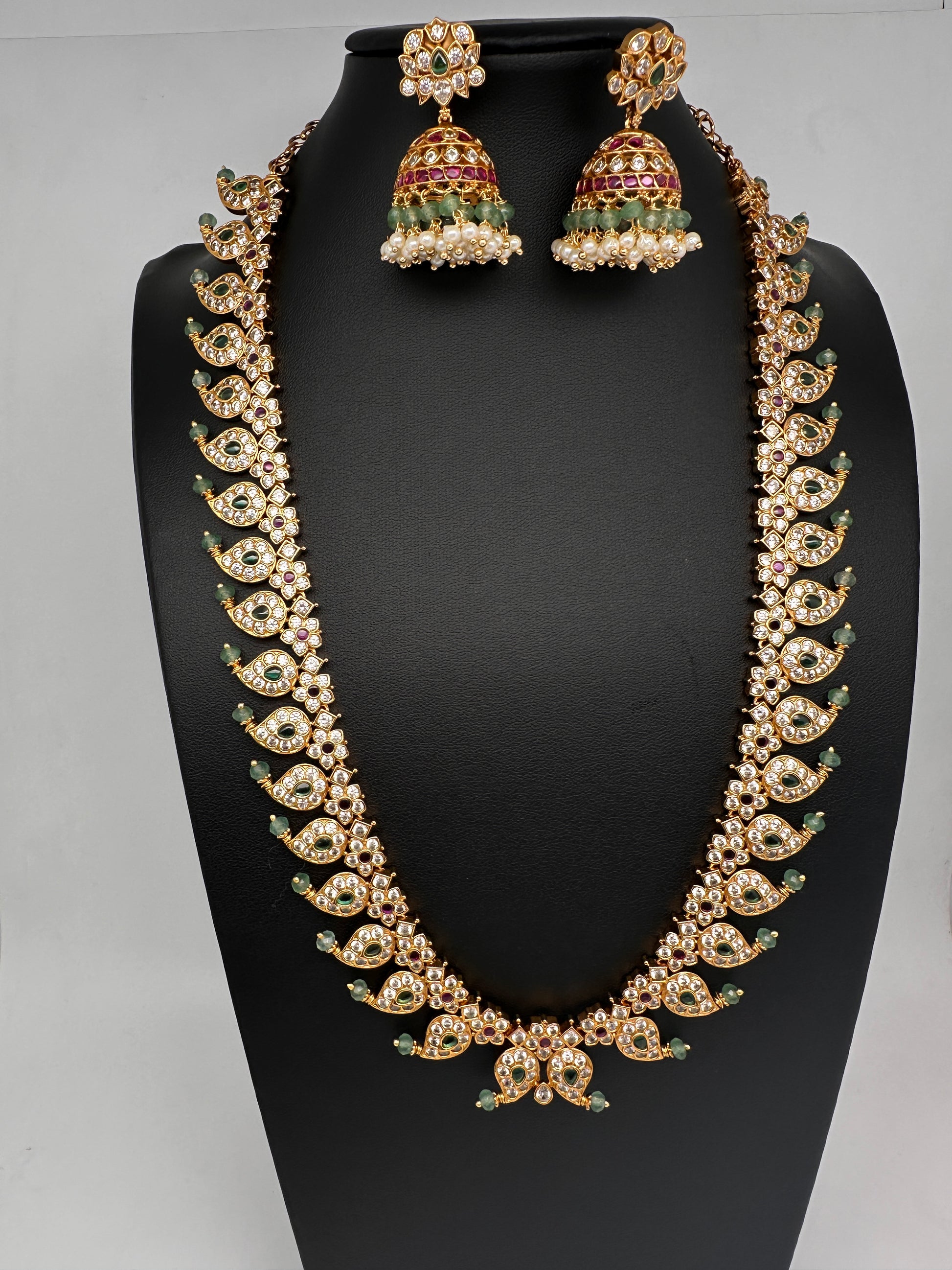 CZ 4-1 Mango Mala Long Necklace Comes with 3 Pendents and Jhumkas - 