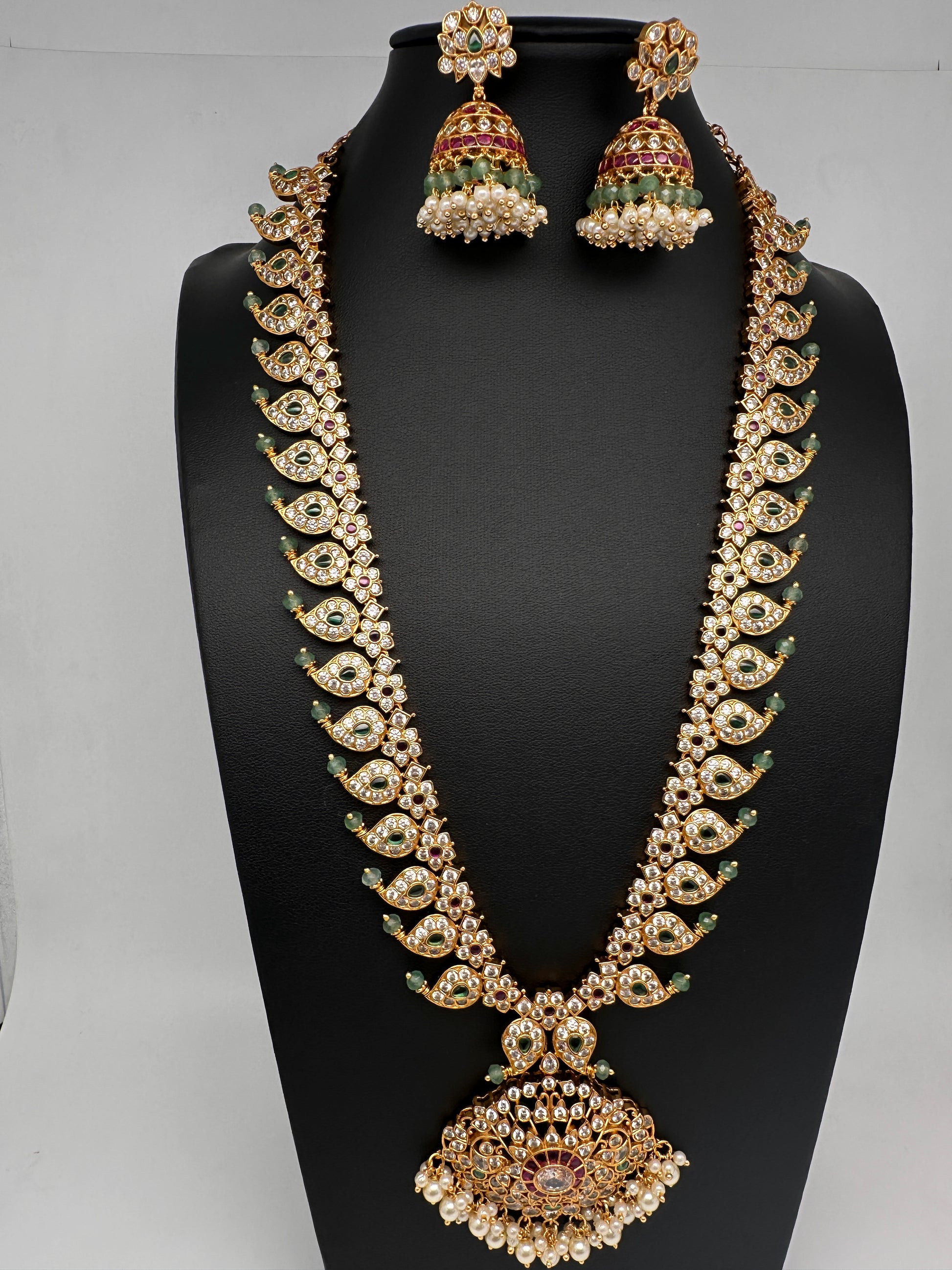 CZ 4-1 Mango Mala Long Necklace Comes with 3 Pendents and Jhumkas - 