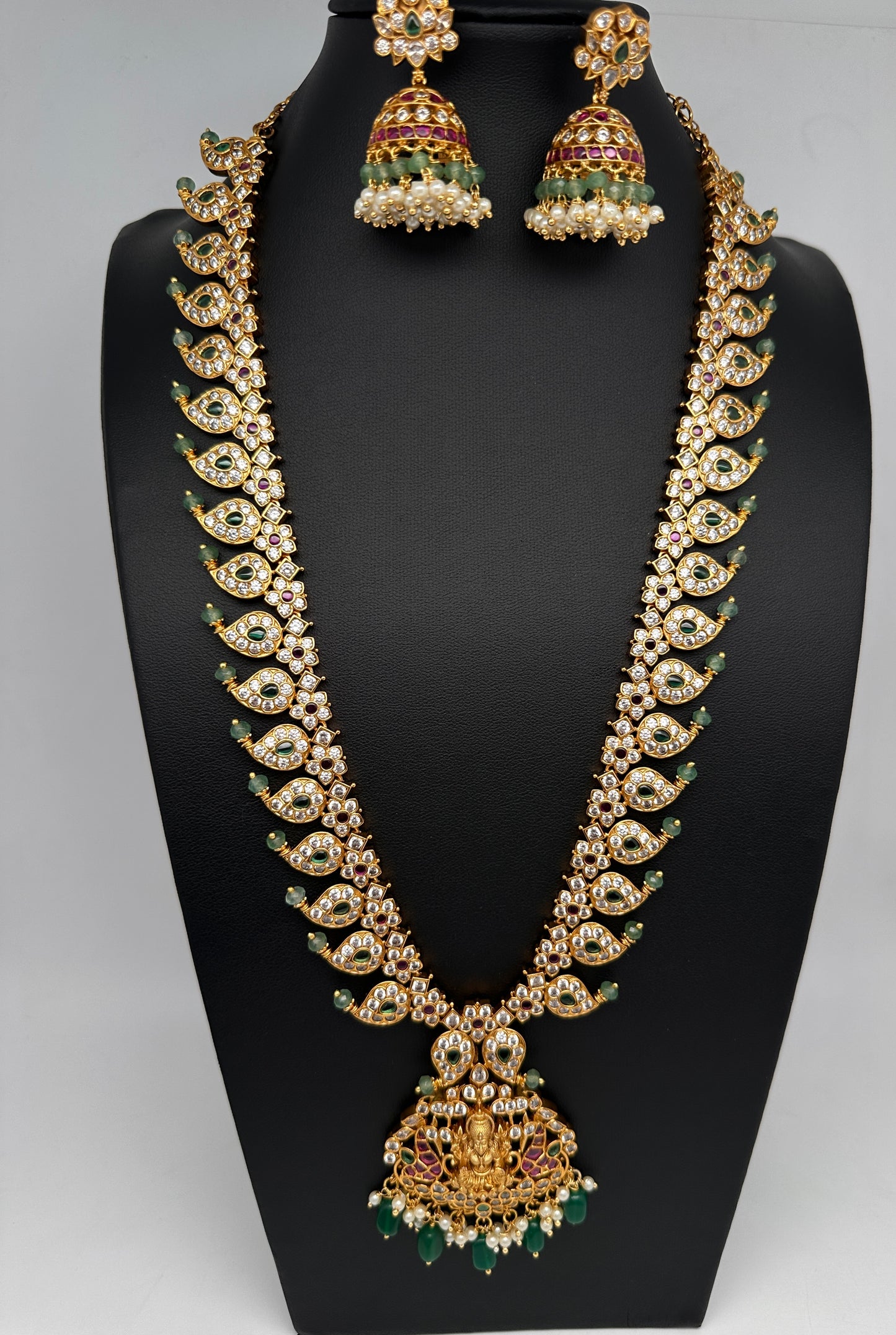 CZ 4-1 Mango Mala Long Necklace Comes with 3 Pendents and Jhumkas - 