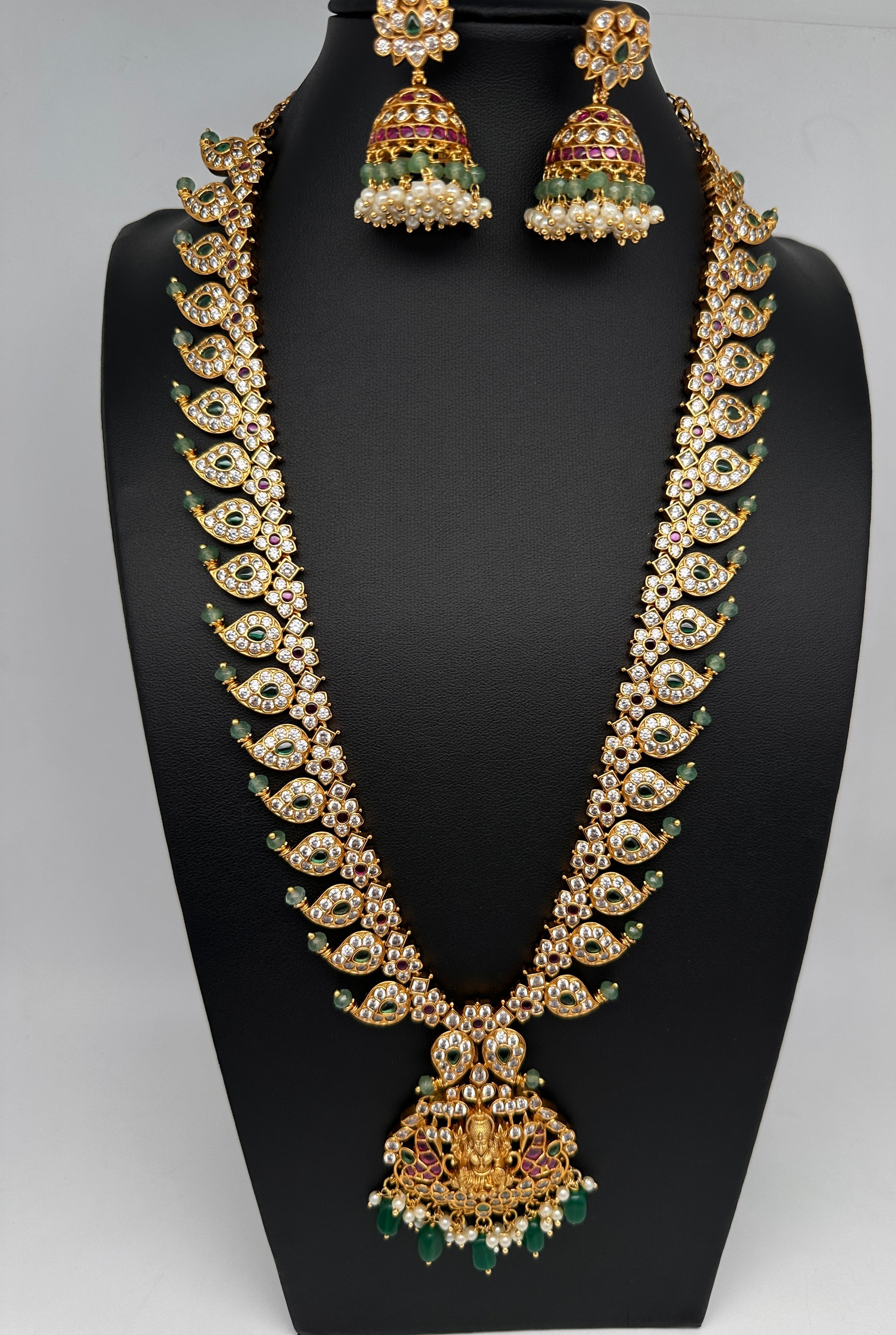 CZ 4-1 Mango Mala Long Necklace Comes with 3 Pendents and Jhumkas - 