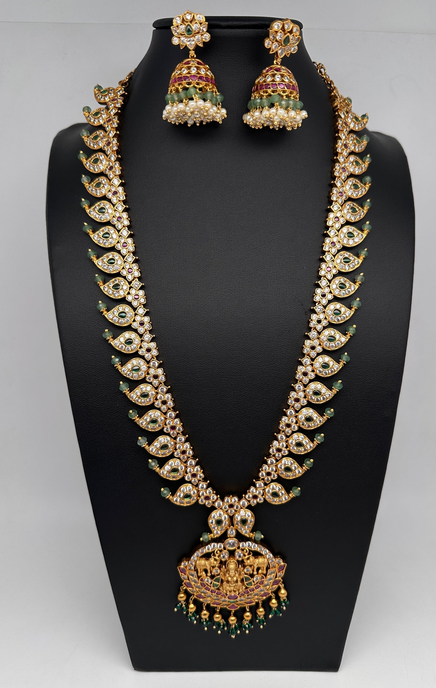 CZ 4-1 Mango Mala Long Necklace Comes with 3 Pendents and Jhumkas - 