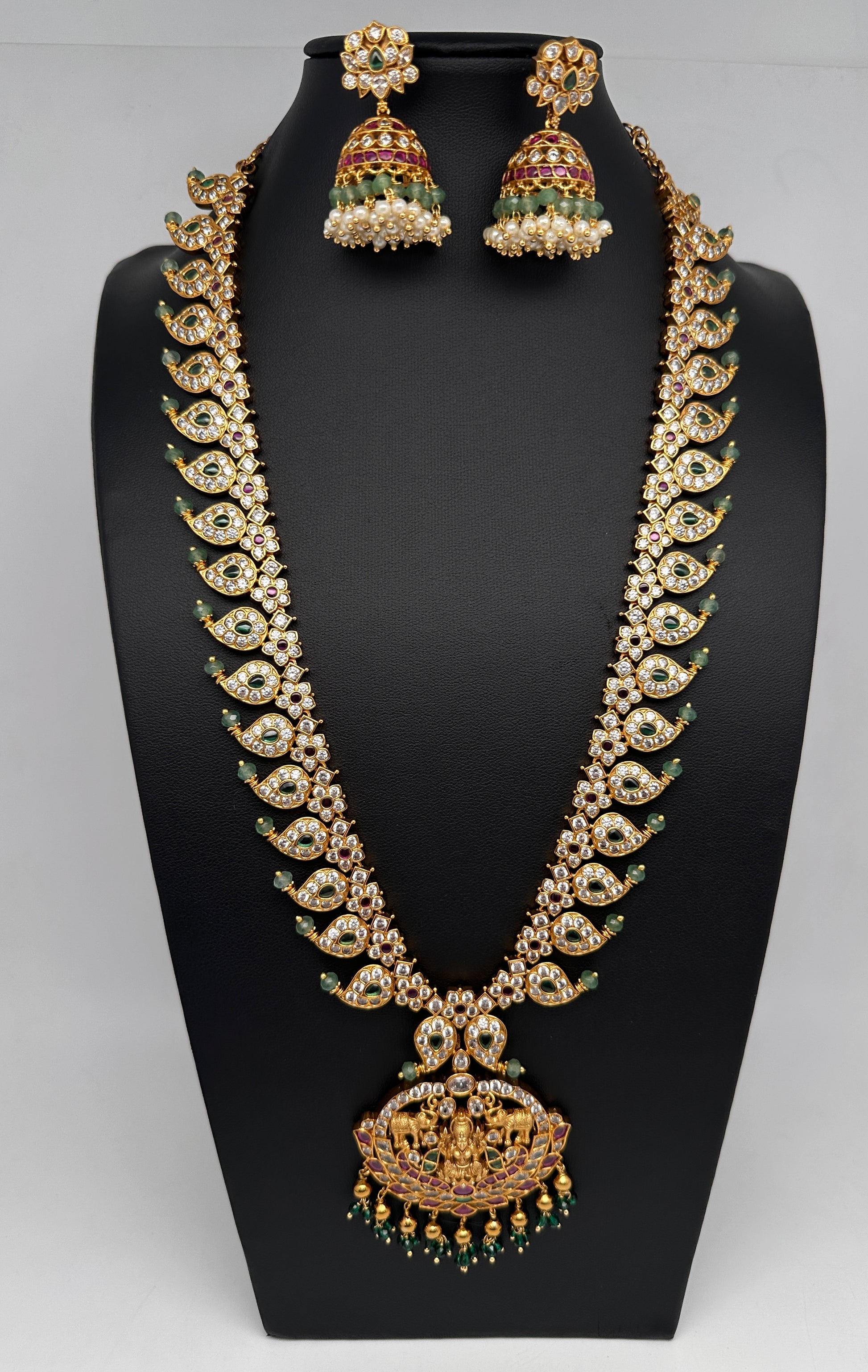 CZ 4-1 Mango Mala Long Necklace Comes with 3 Pendents and Jhumkas - 