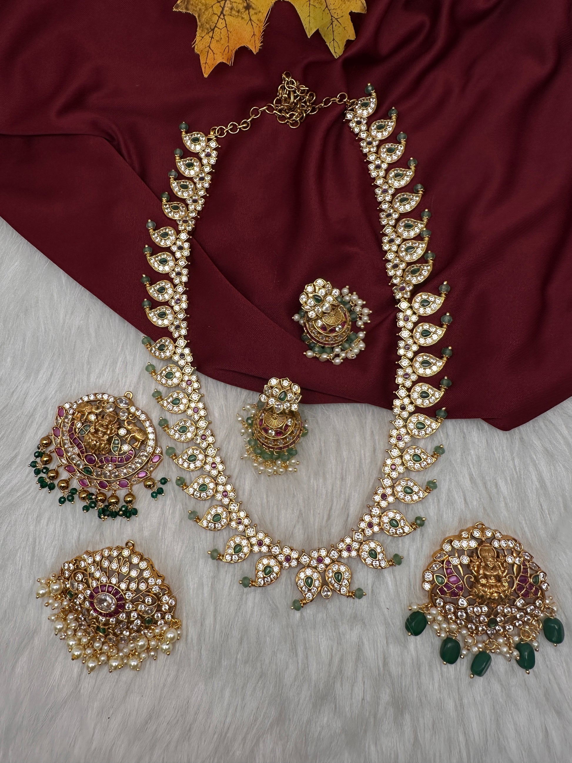 CZ 4-1 Mango Mala Long Necklace Comes with 3 Pendents and Jhumkas - 