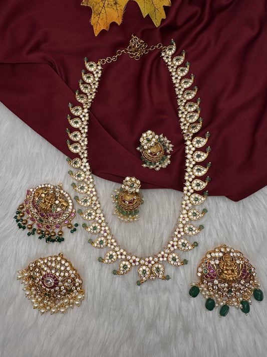 CZ 4-1 Mango Mala Long Necklace Comes with 3 Pendents and Jhumkas - 