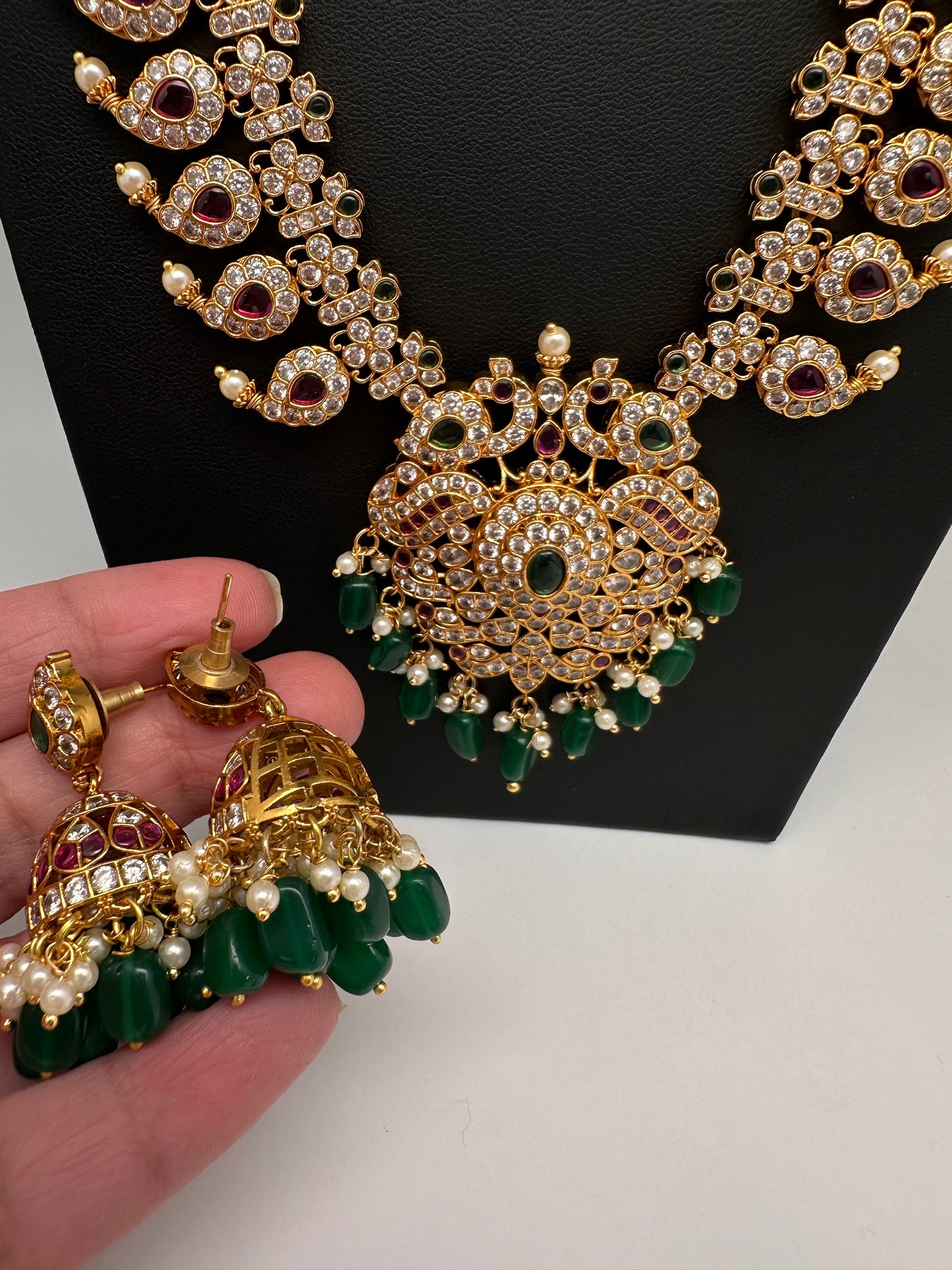 CZ Peacock Mango Mala Long Necklace - 