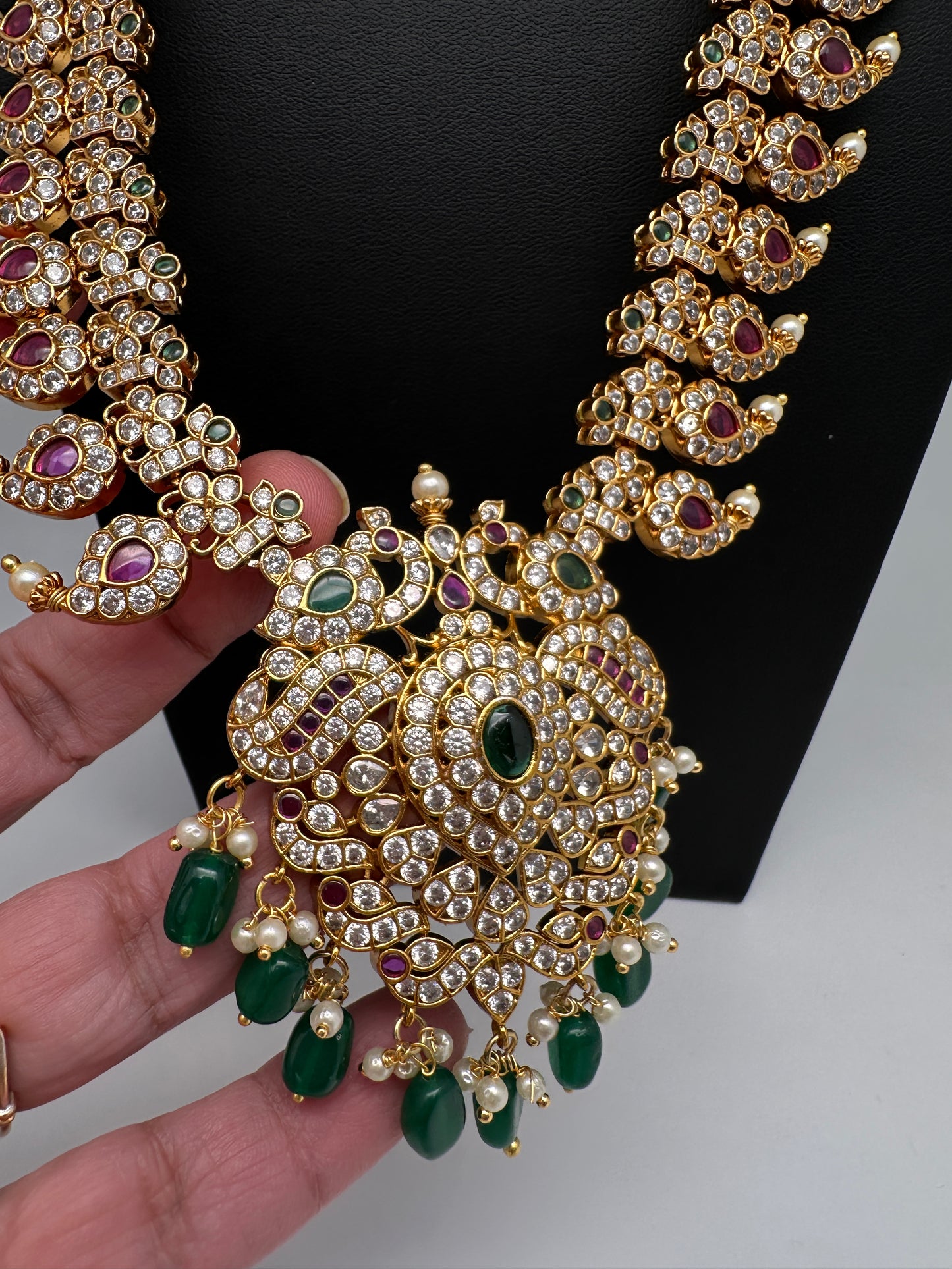 CZ Peacock Mango Mala Long Necklace - 