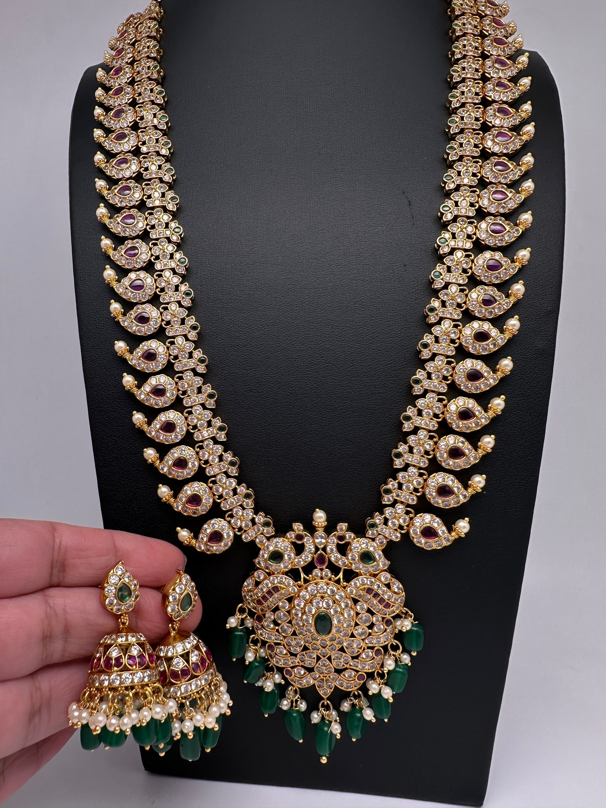 CZ Peacock Mango Mala Long Necklace - 
