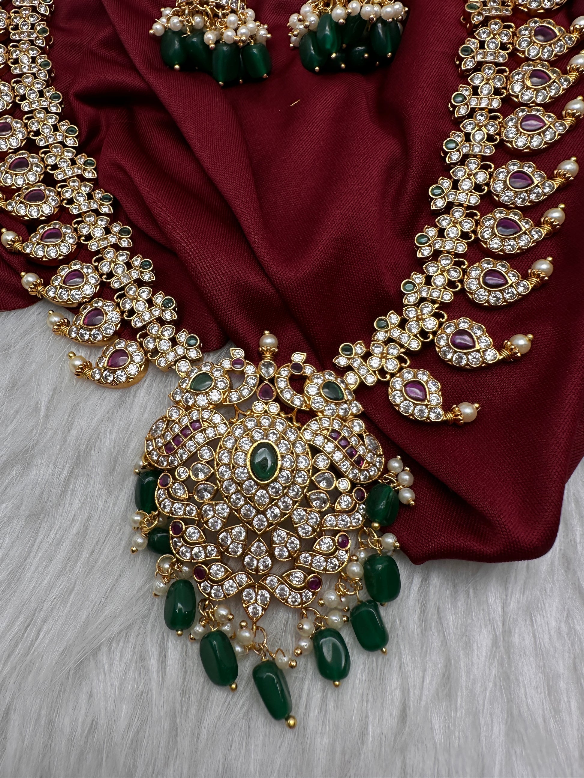 CZ Peacock Mango Mala Long Necklace - 