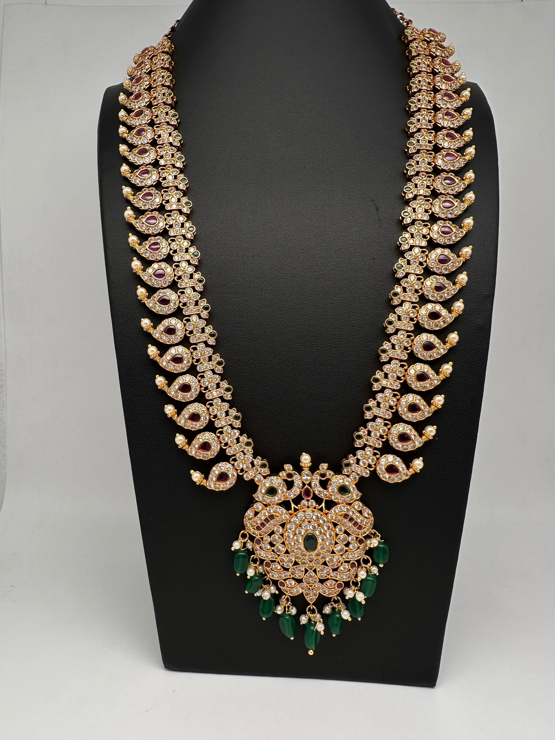 CZ Peacock Mango Mala Long Necklace - 