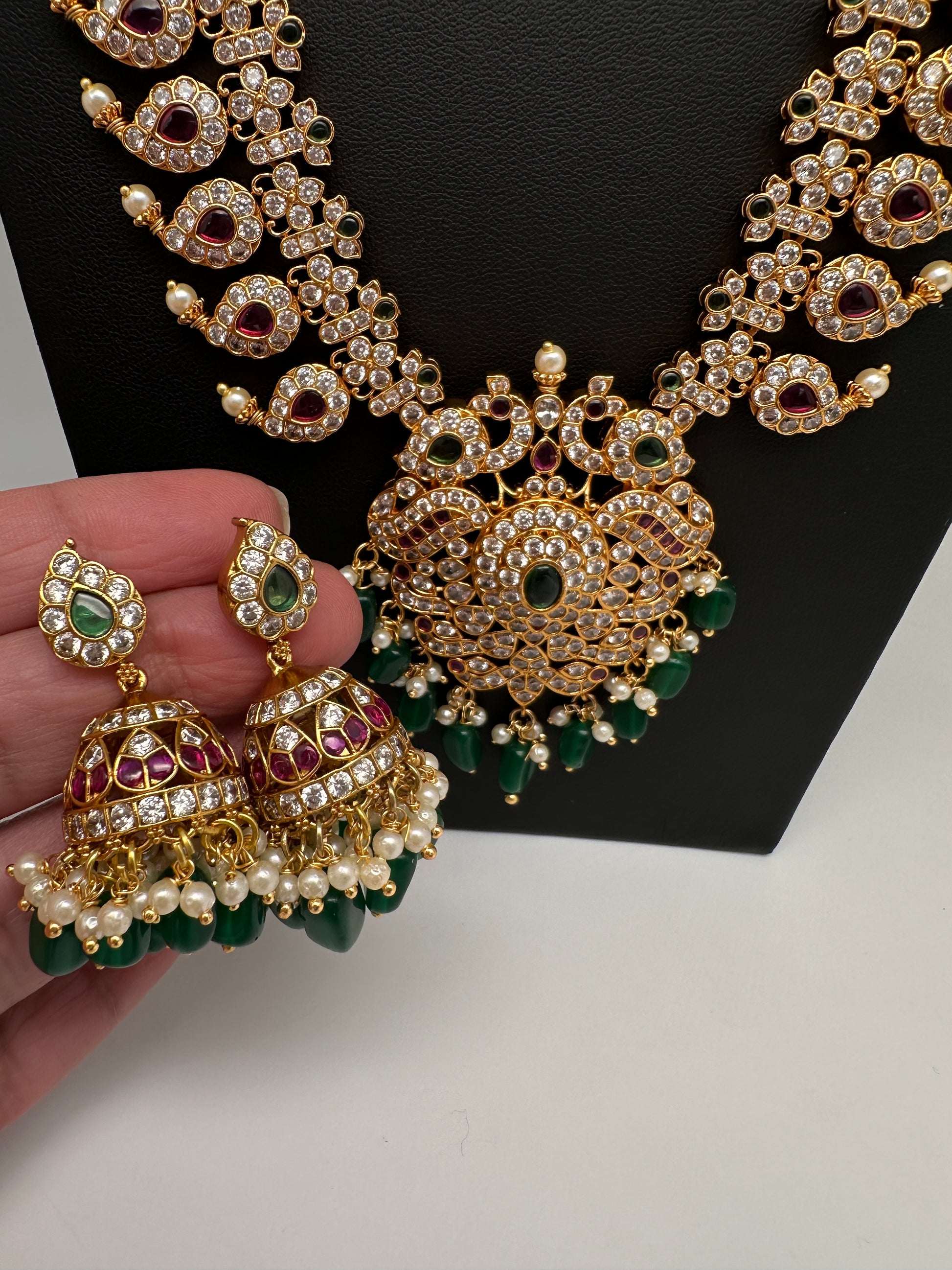 CZ Peacock Mango Mala Long Necklace - 