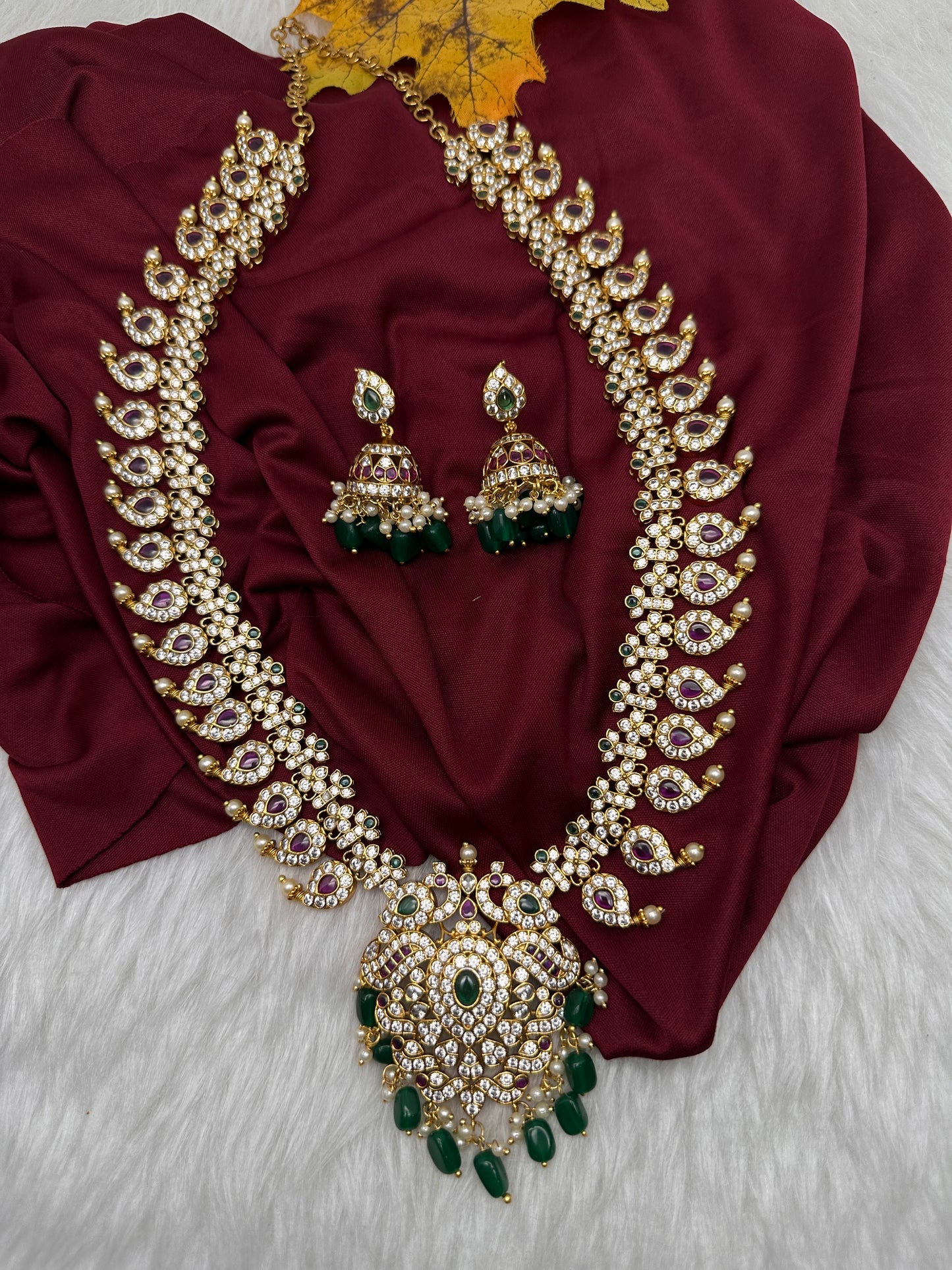 CZ Peacock Mango Mala Long Necklace - 