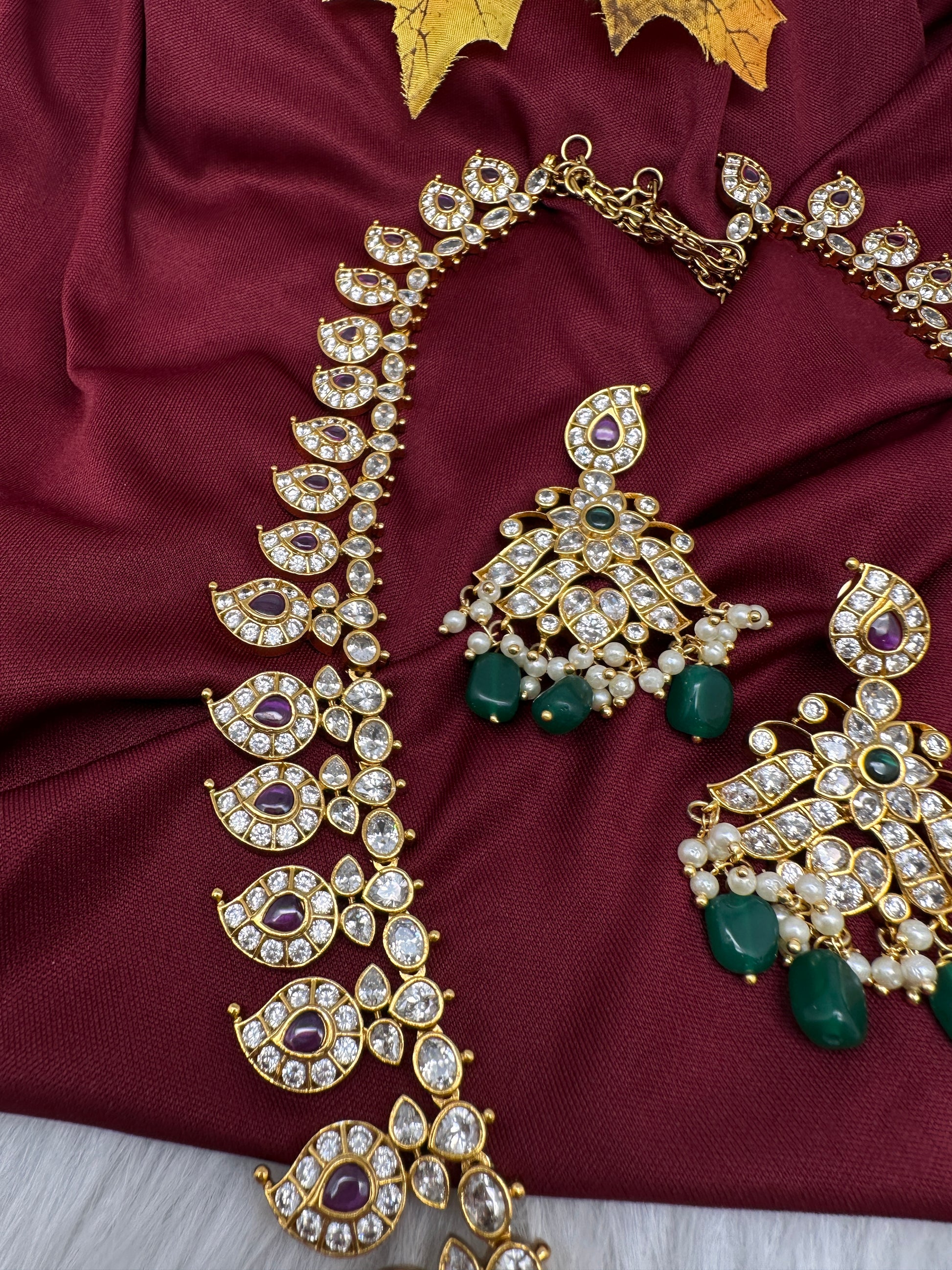 CZ Peacock Mango Mala Long Necklace - 