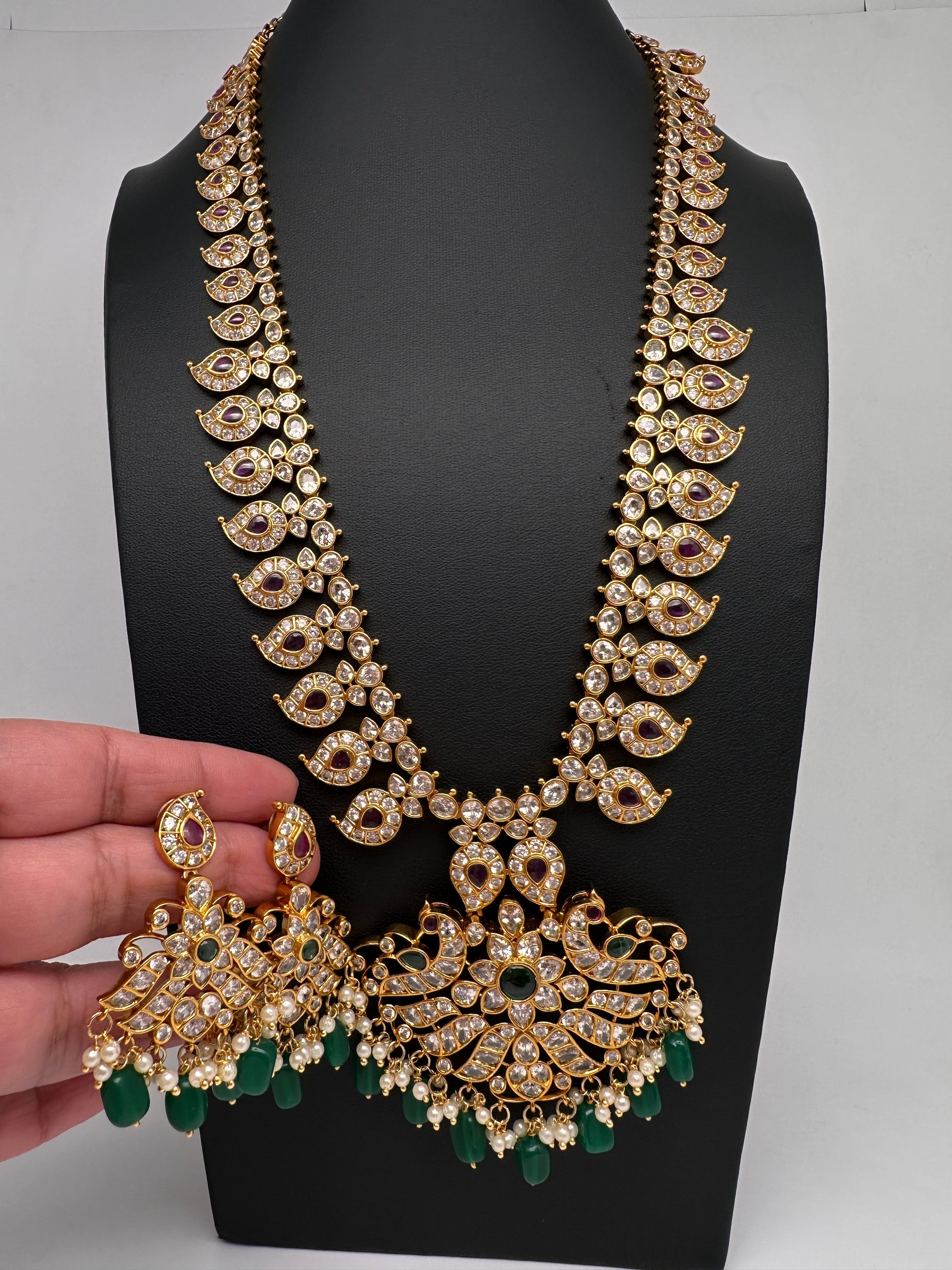 CZ Peacock Mango Mala Long Necklace - 