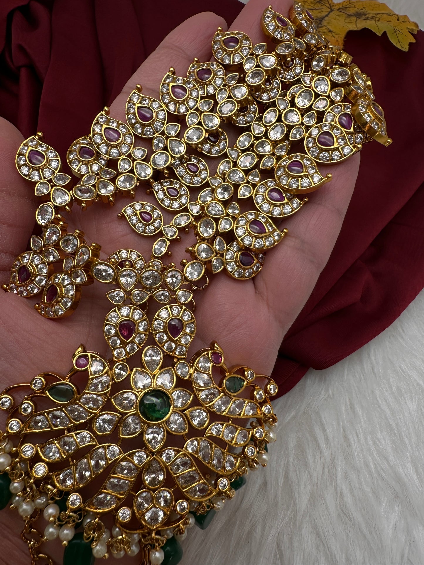 CZ Peacock Mango Mala Long Necklace - 