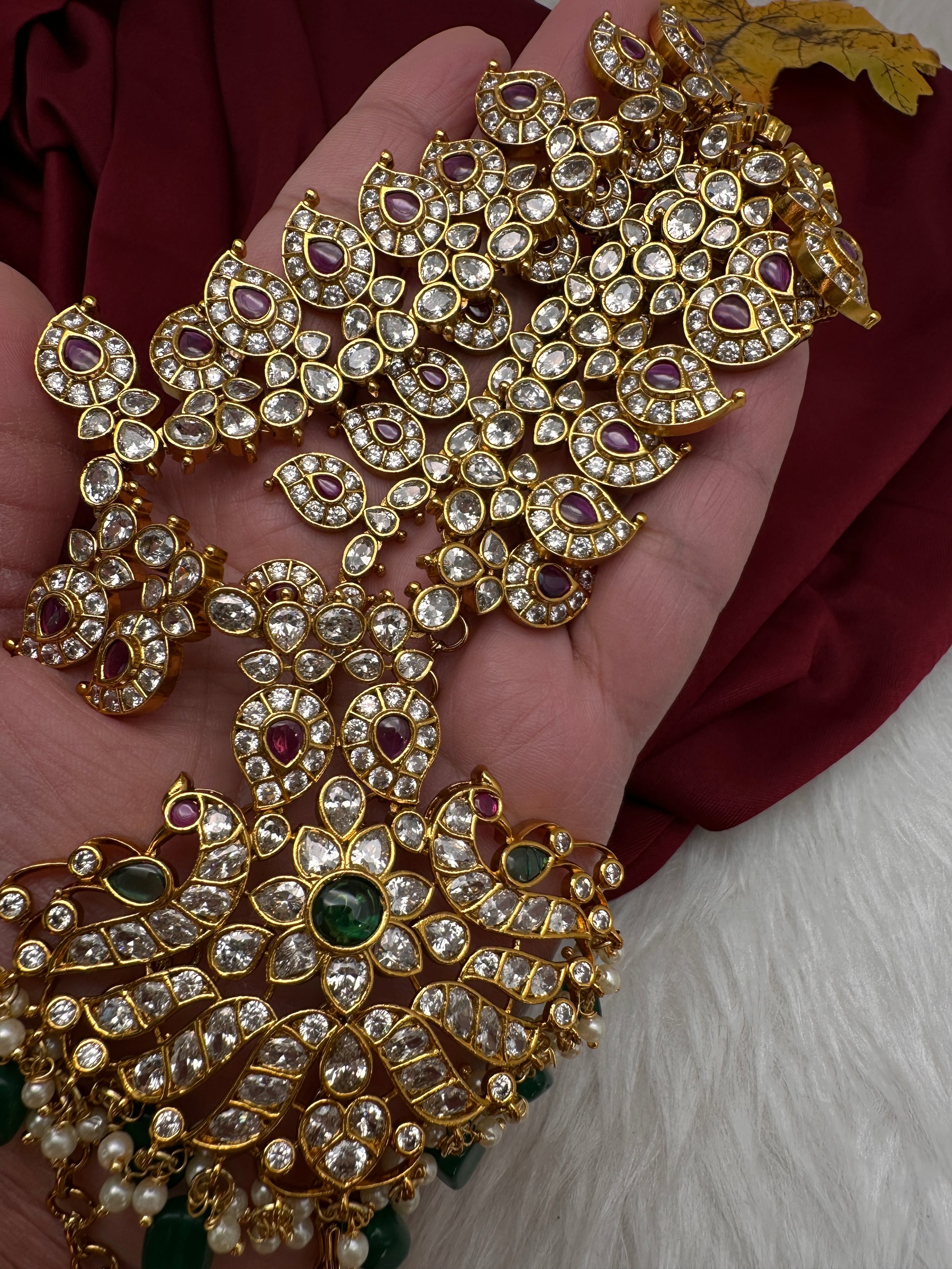 CZ Peacock Mango Mala Long Necklace - 
