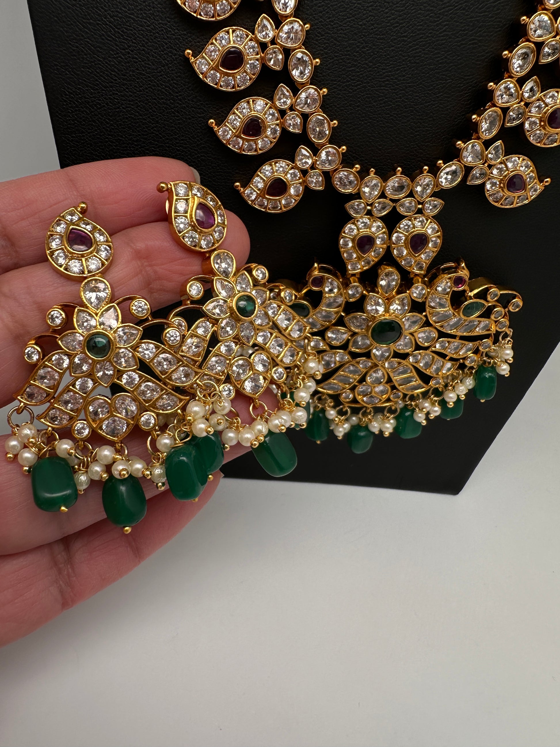 CZ Peacock Mango Mala Long Necklace - 