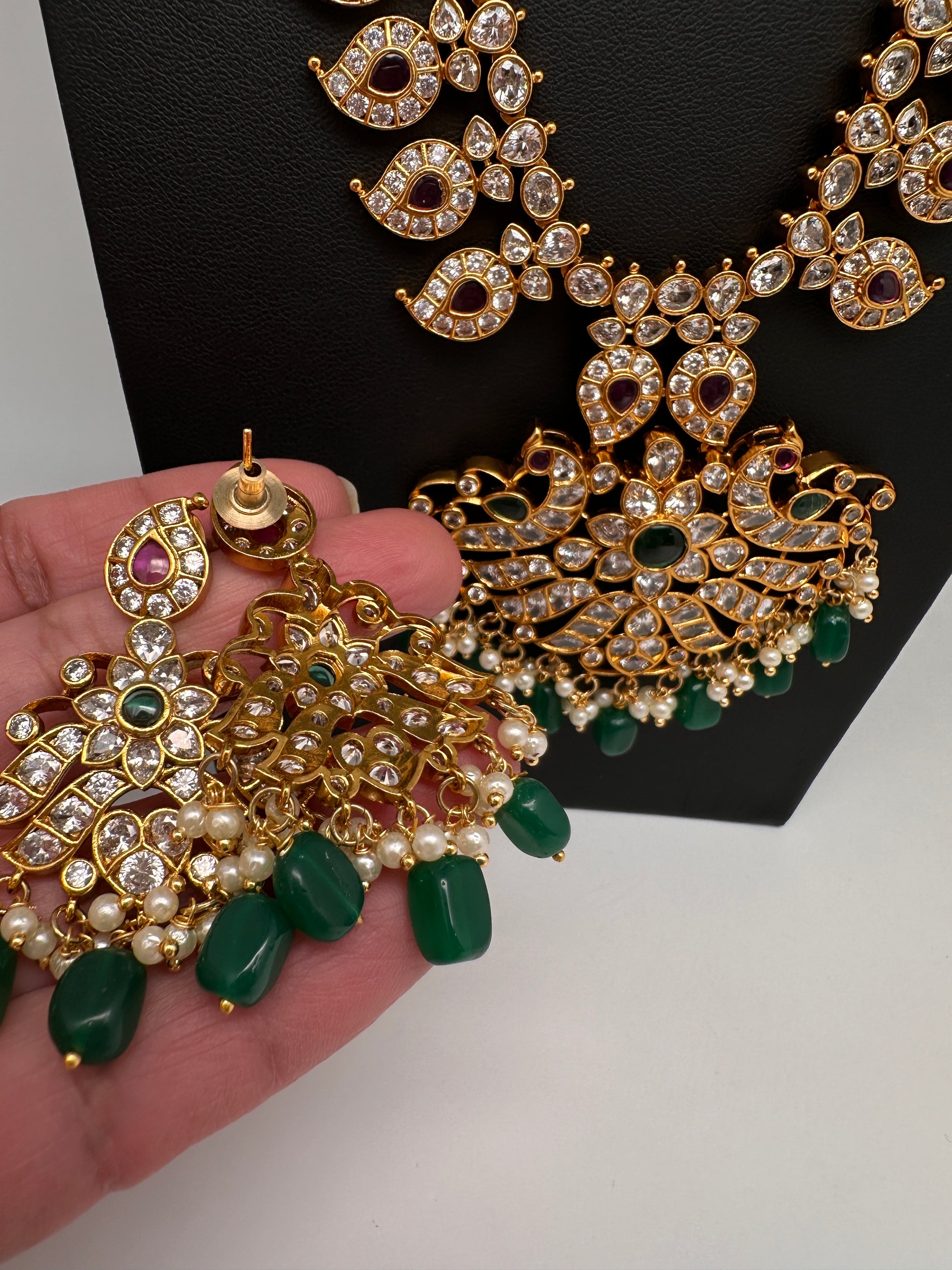 CZ Peacock Mango Mala Long Necklace - 