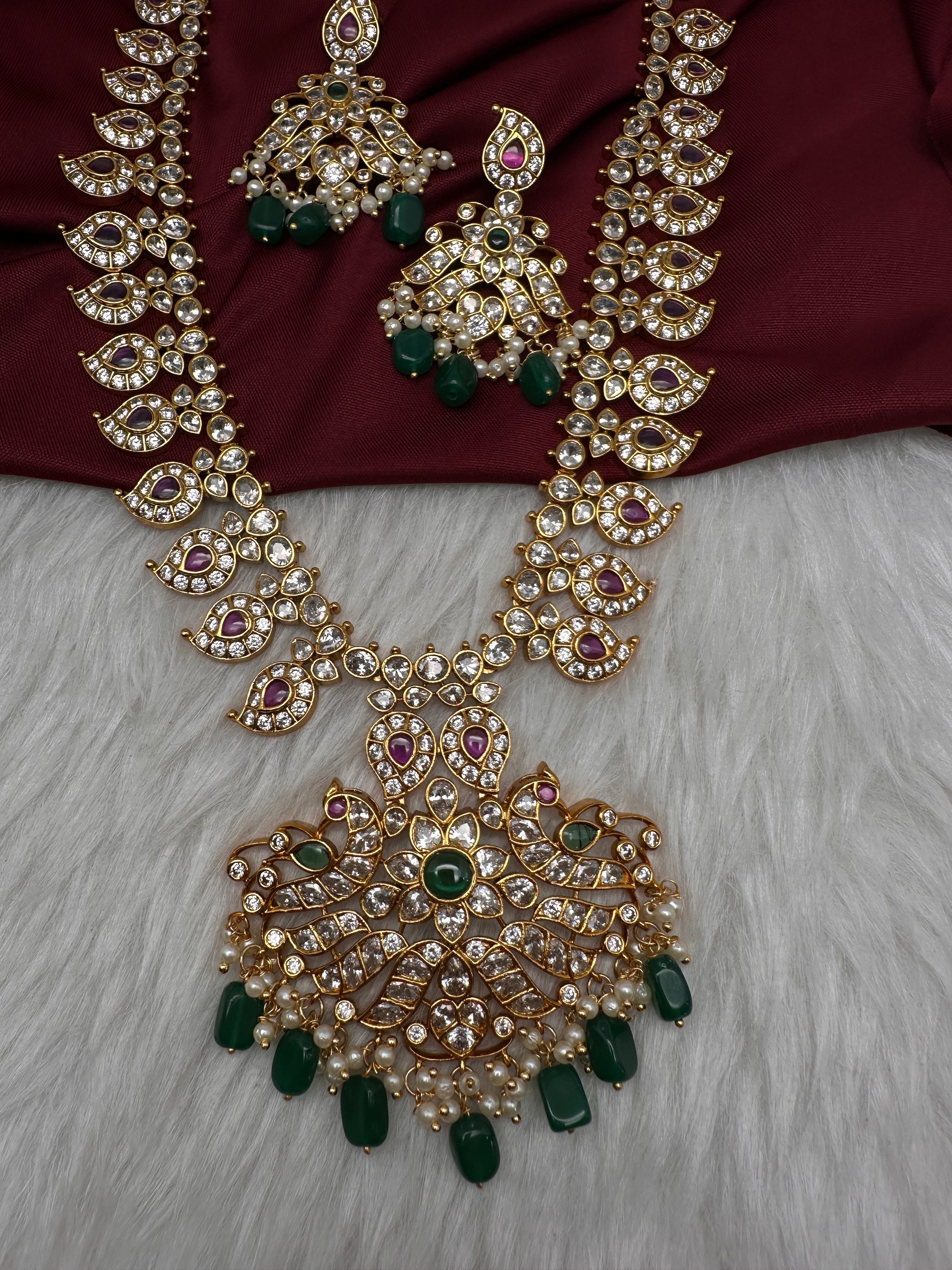 CZ Peacock Mango Mala Long Necklace - 
