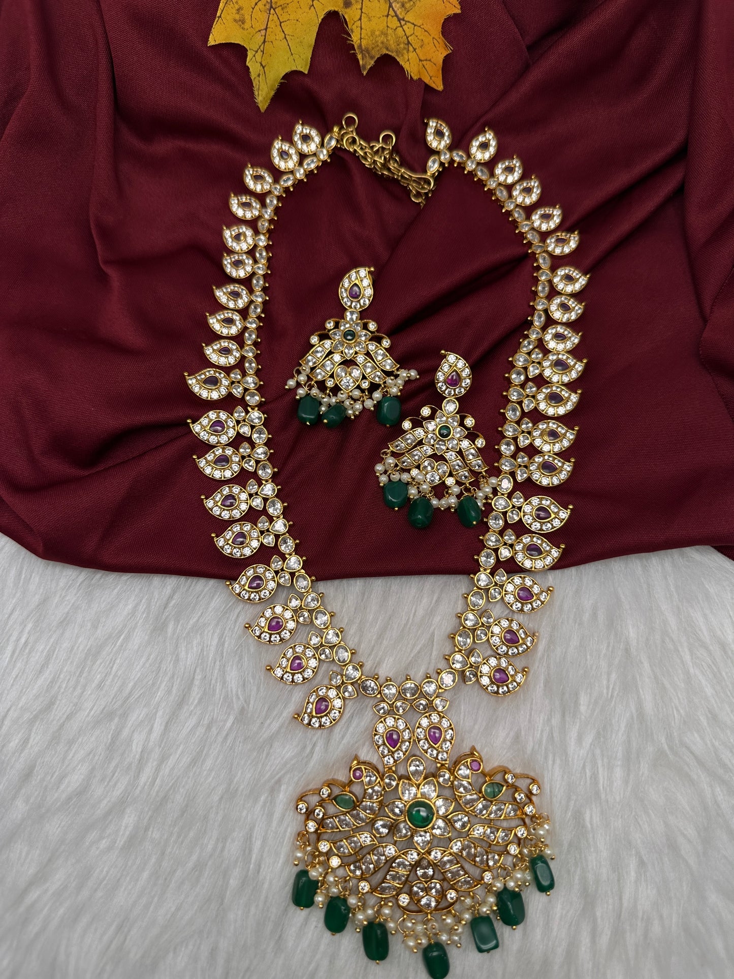CZ Peacock Mango Mala Long Necklace - 