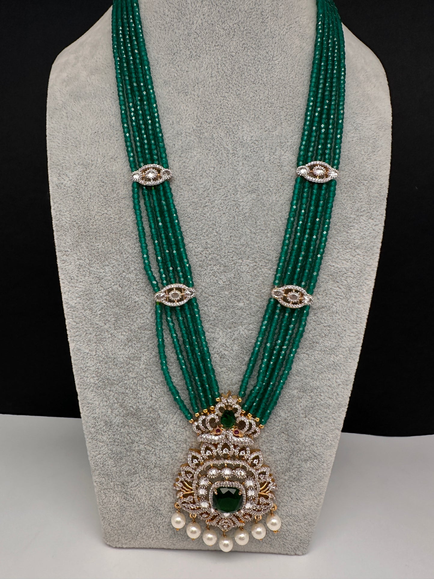 CZ Beads Peacock Long Color Stone Necklace - Green