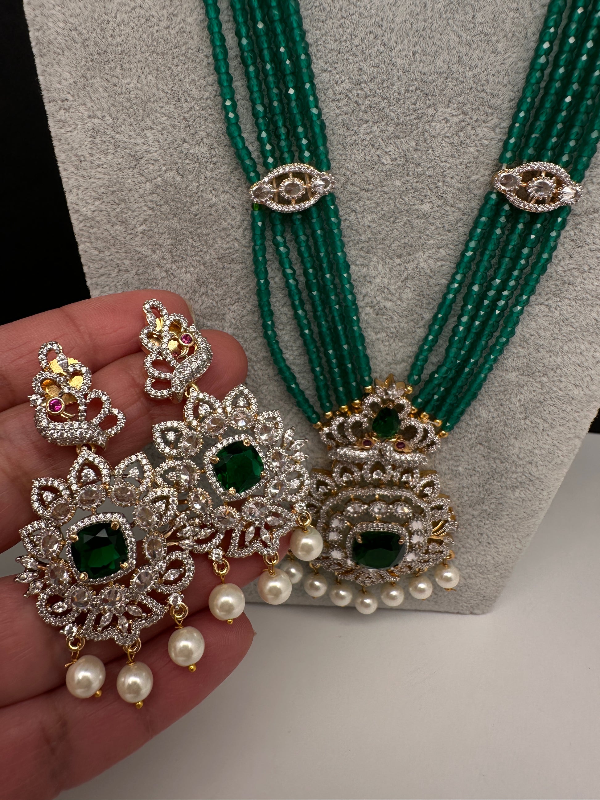 CZ Beads Peacock Long Color Stone Necklace - Green