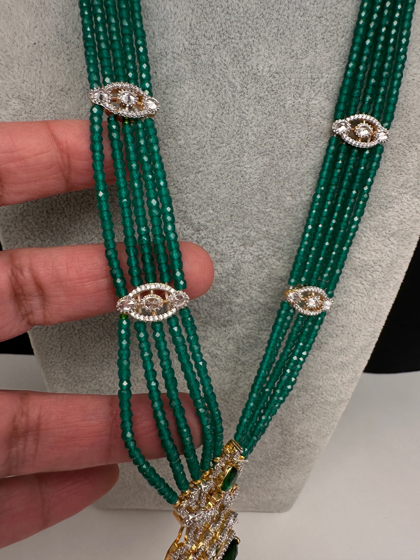 CZ Beads Peacock Long Color Stone Necklace - Green