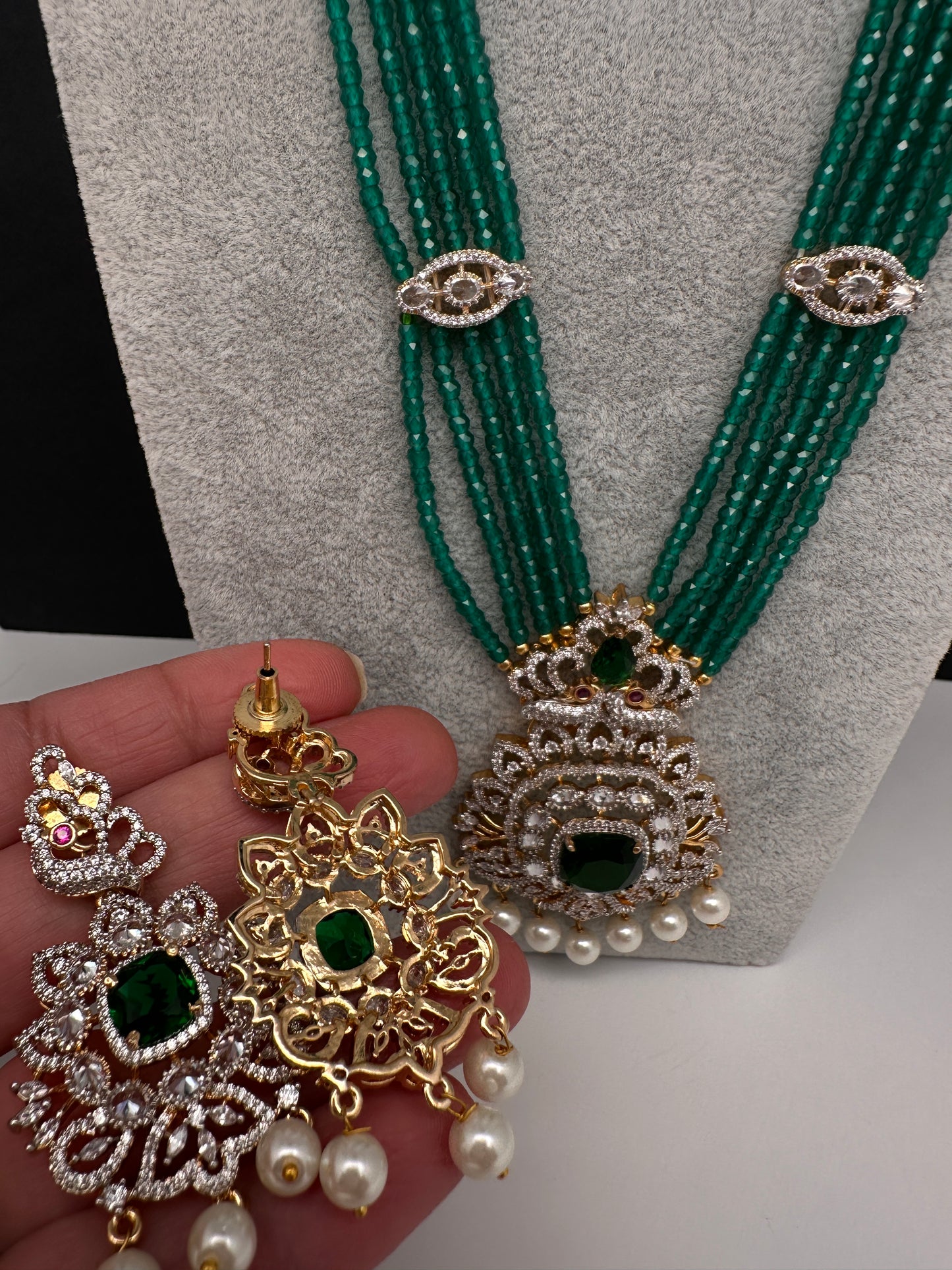 CZ Beads Peacock Long Color Stone Necklace - Green