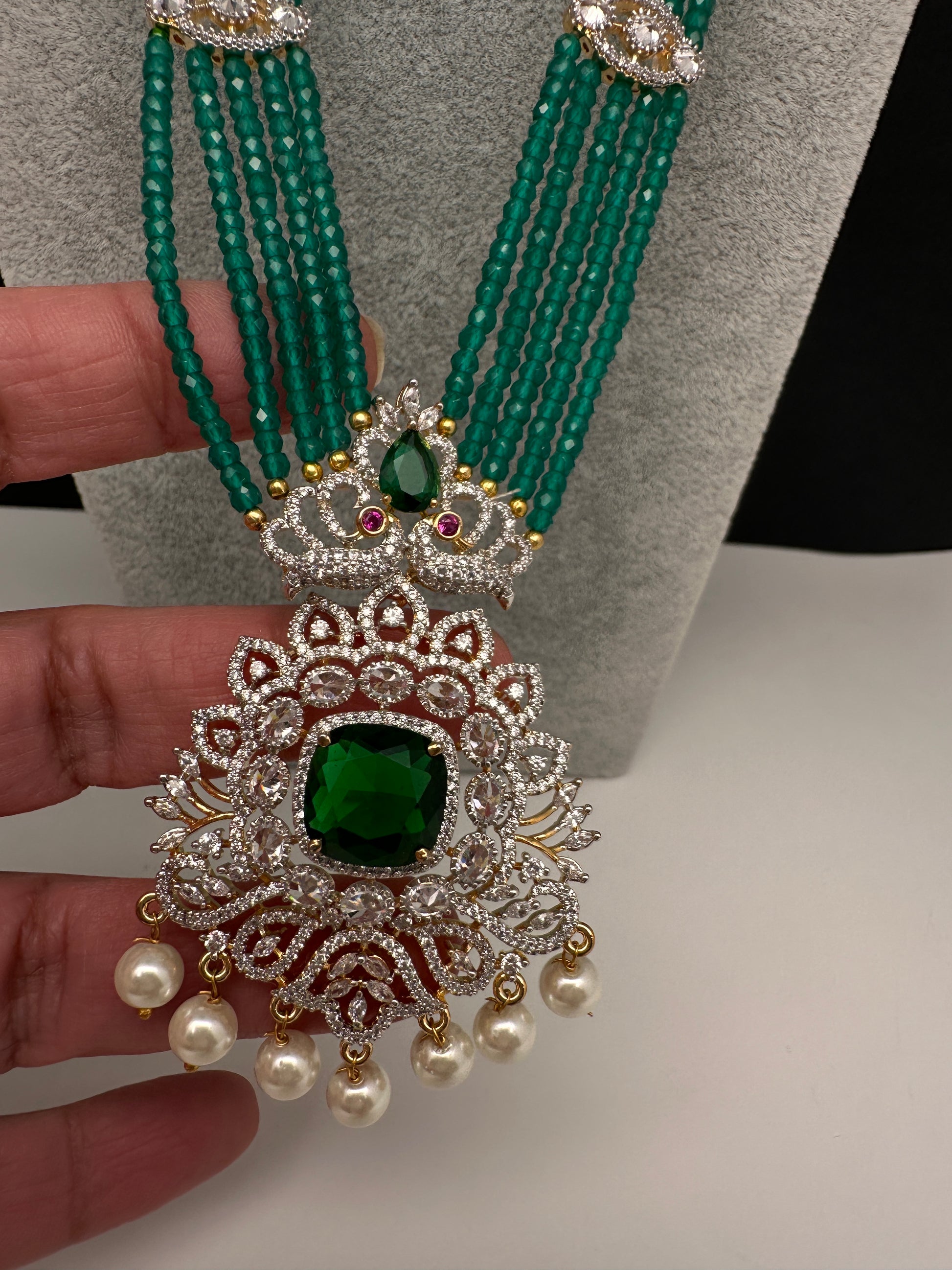 CZ Beads Peacock Long Color Stone Necklace - Green