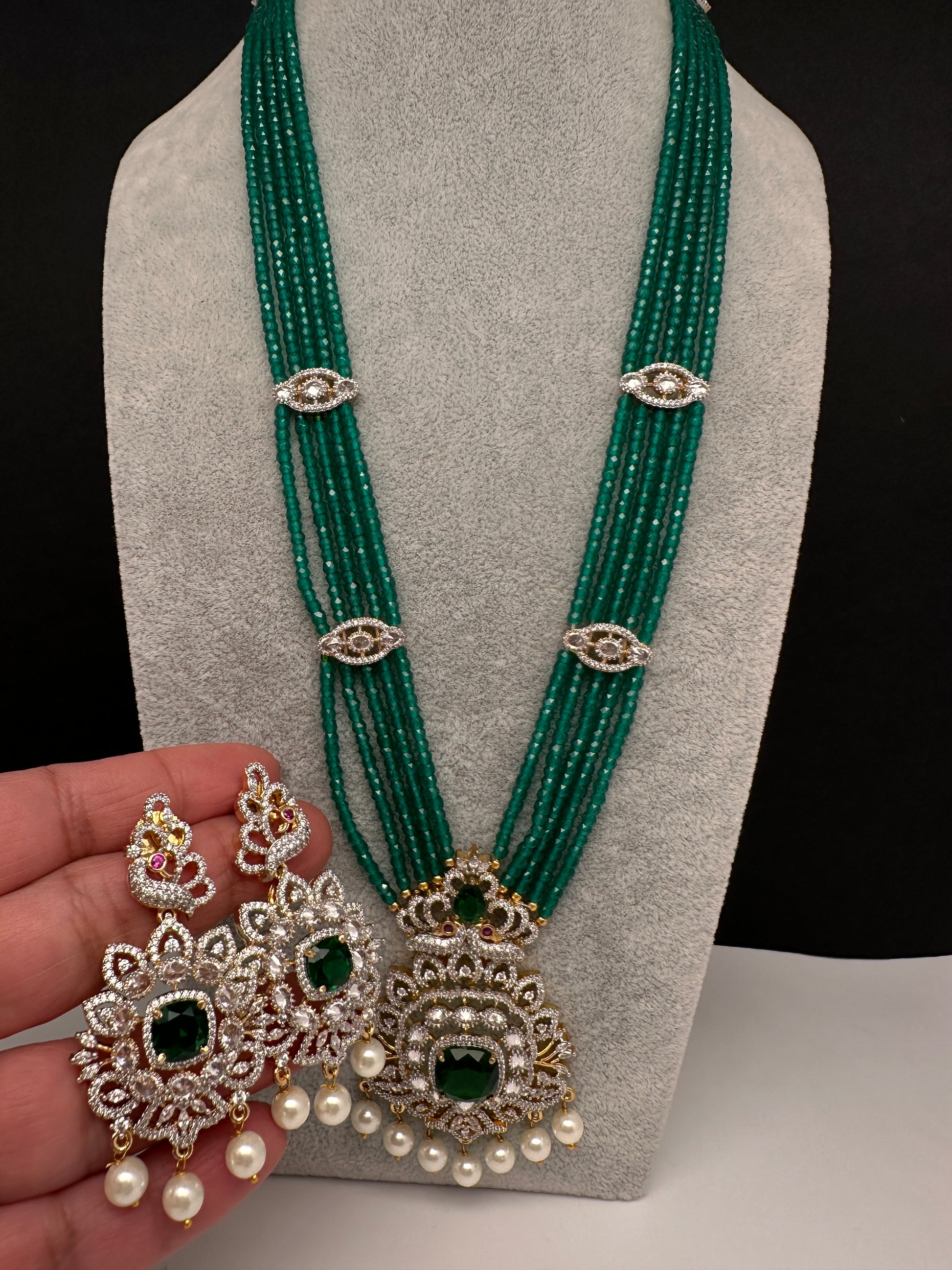 CZ Beads Peacock Long Color Stone Necklace - Green